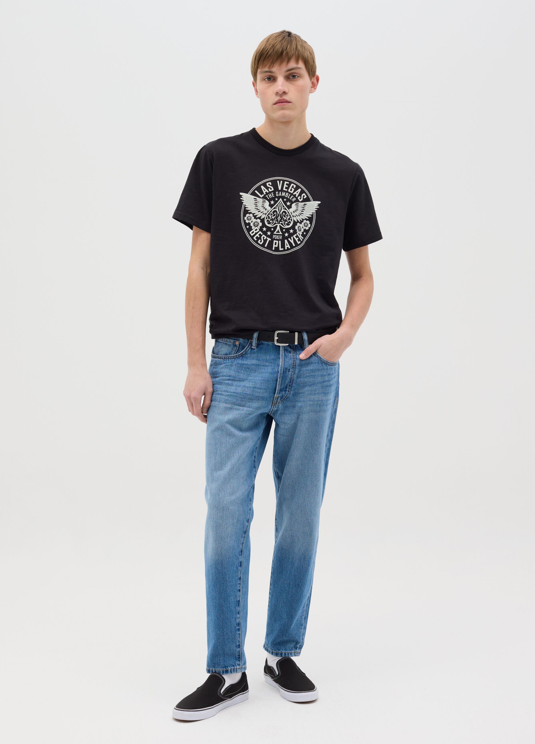 Cotton T-shirt with poker motif print