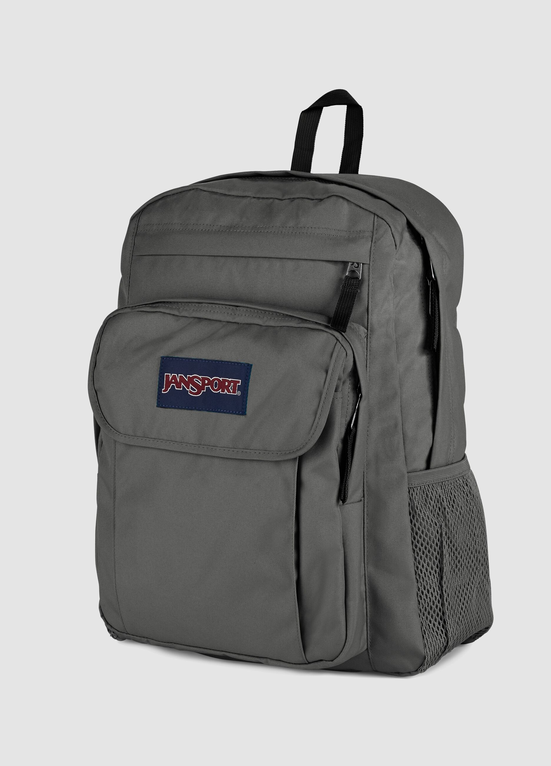 Grey backpack with front pocket and detailing