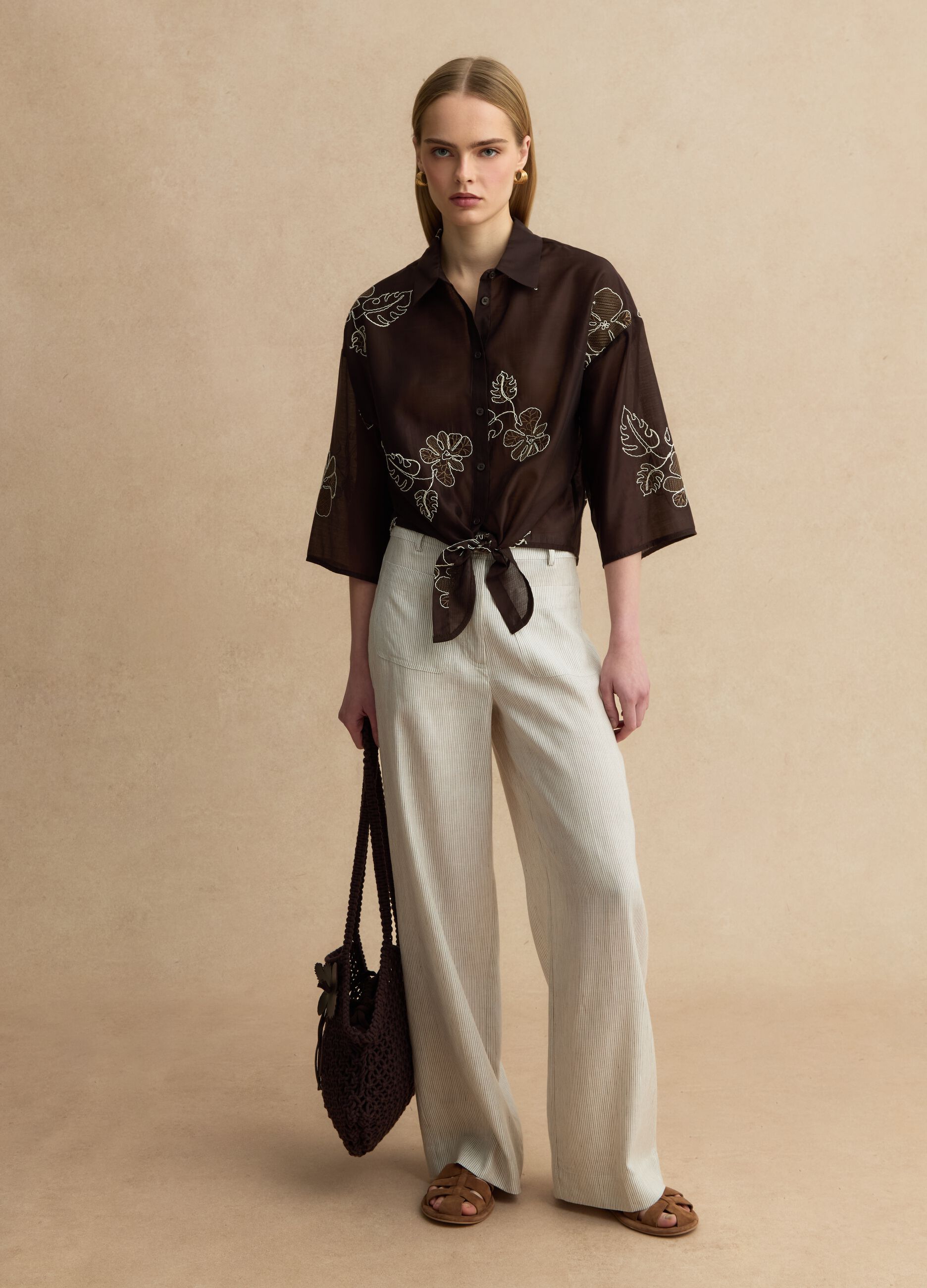 Wide-leg trousers in multicolour striped lyocell linen blend