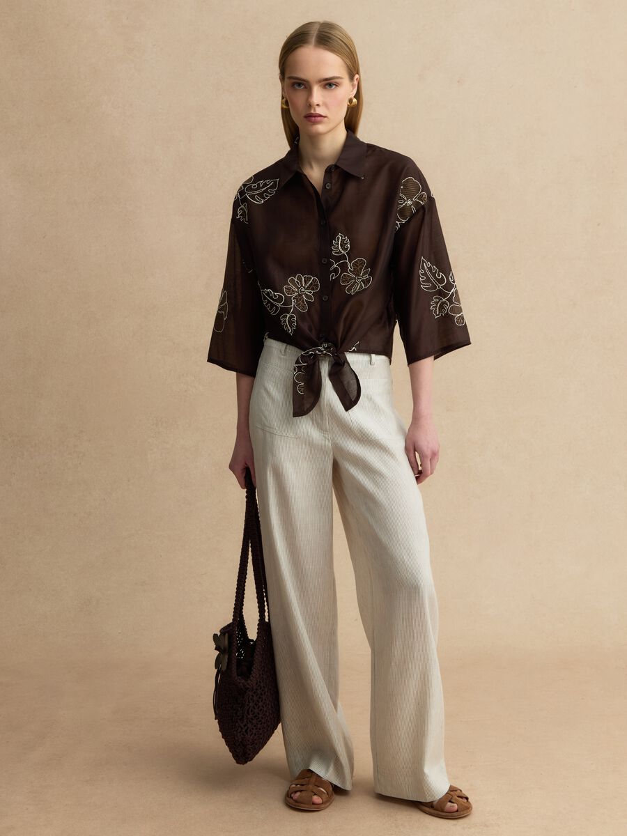 Pantaloni wide leg in misto lyocell e lino a righe multicolor_0