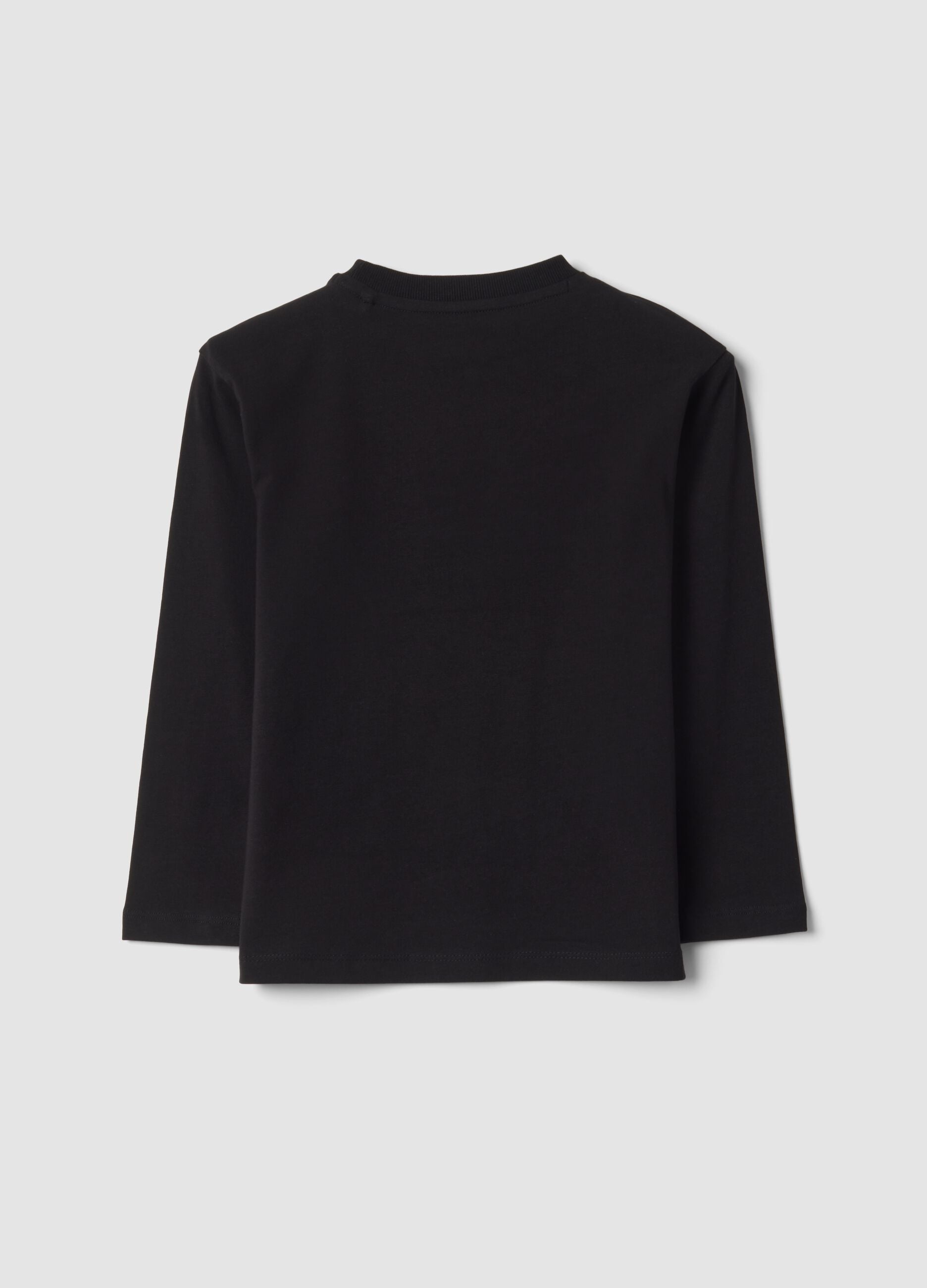 T-shirt nera in cotone organico elasticizzato con stampa macchina