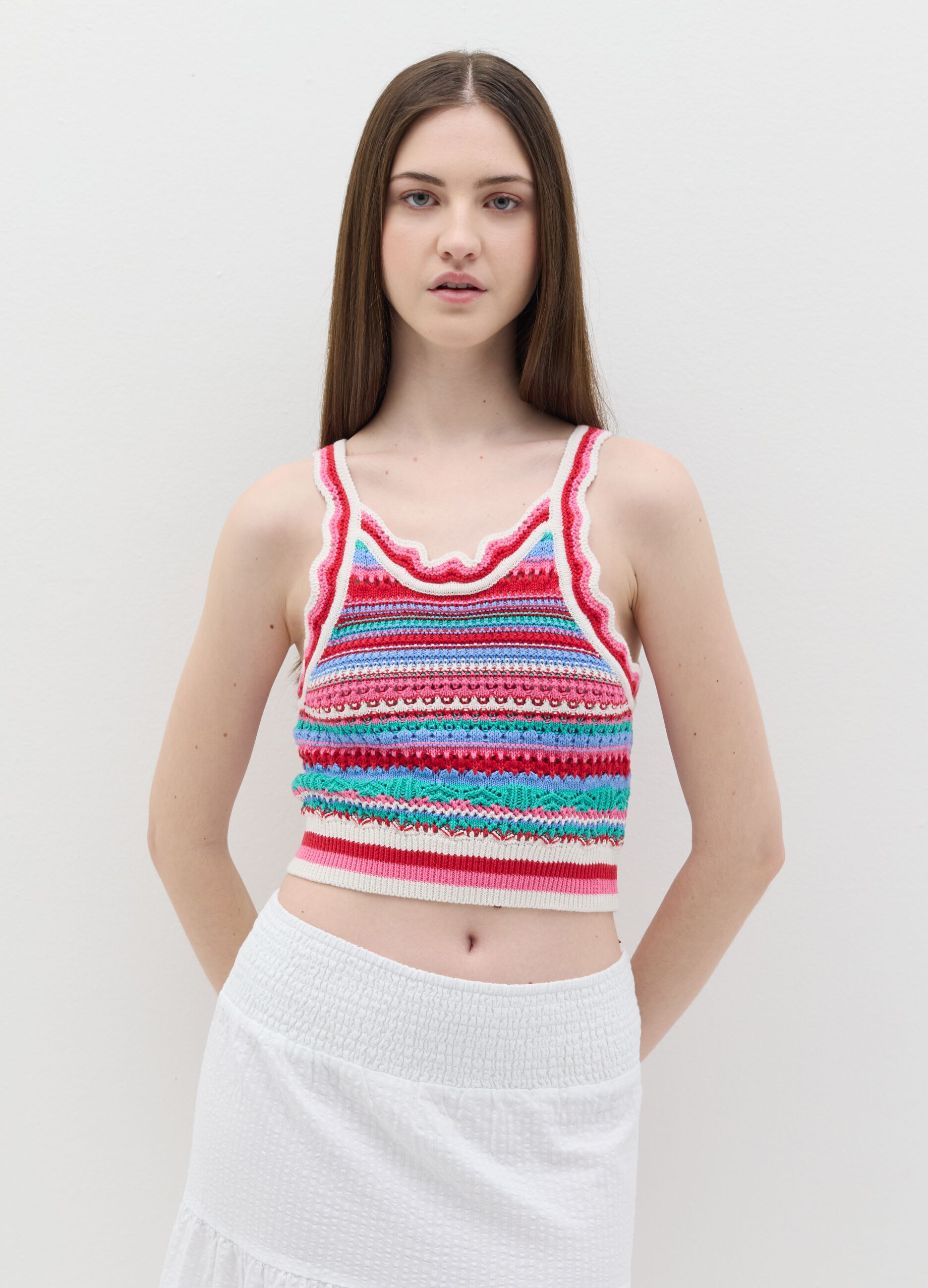 Cropped tank top in multicoloured crochet