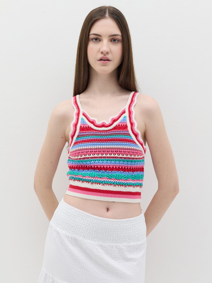 Cropped tank top in multicoloured crochet_1