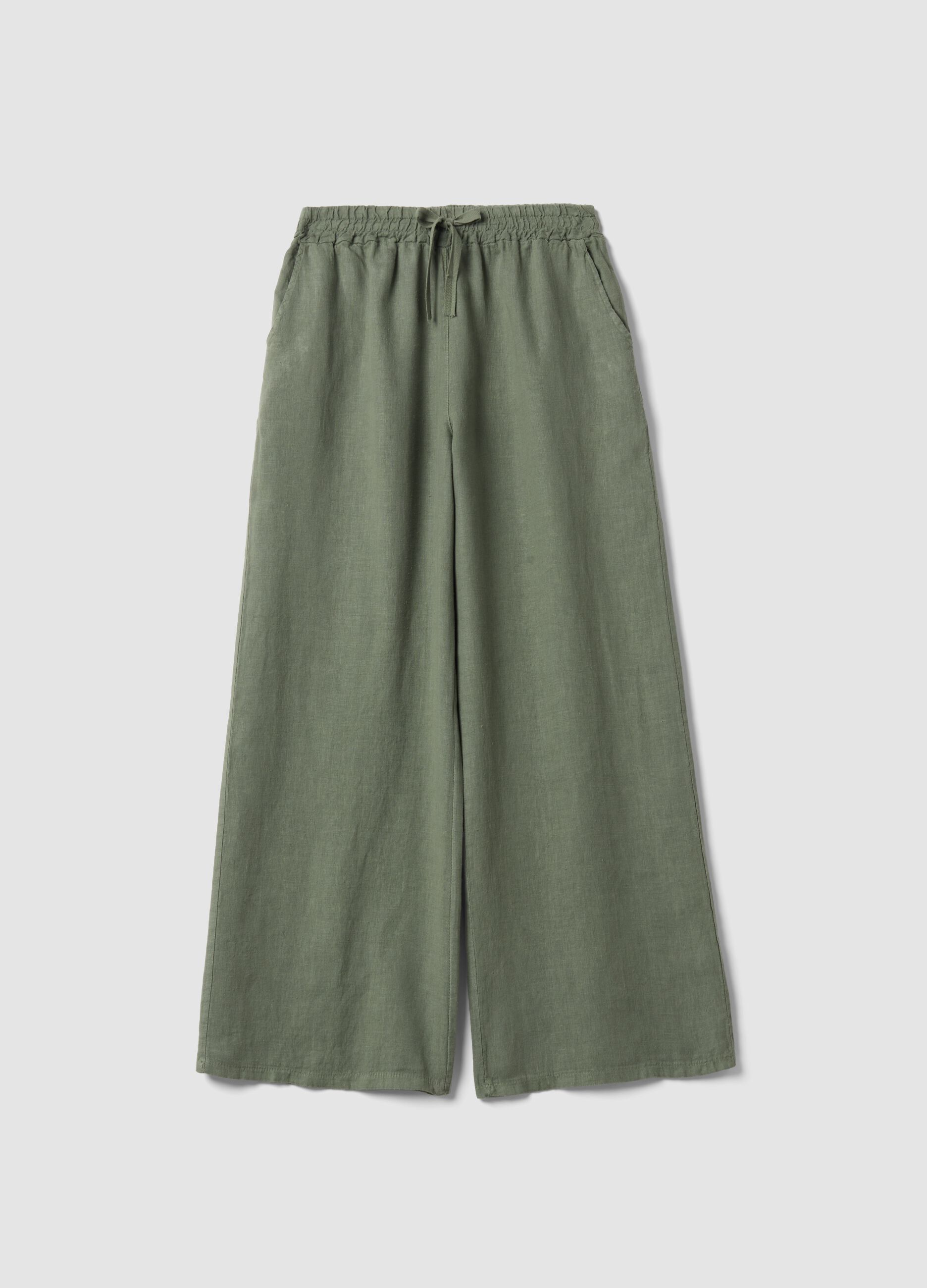 Pantaloni verdi in puro lino con coulisse