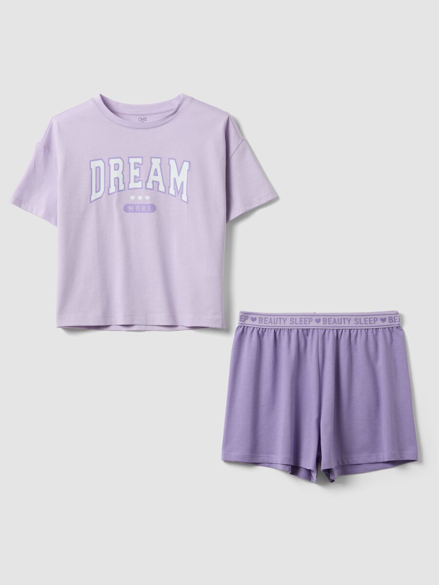 Pigiama corto viola in puro cotone organico da ragazza con scritta_0