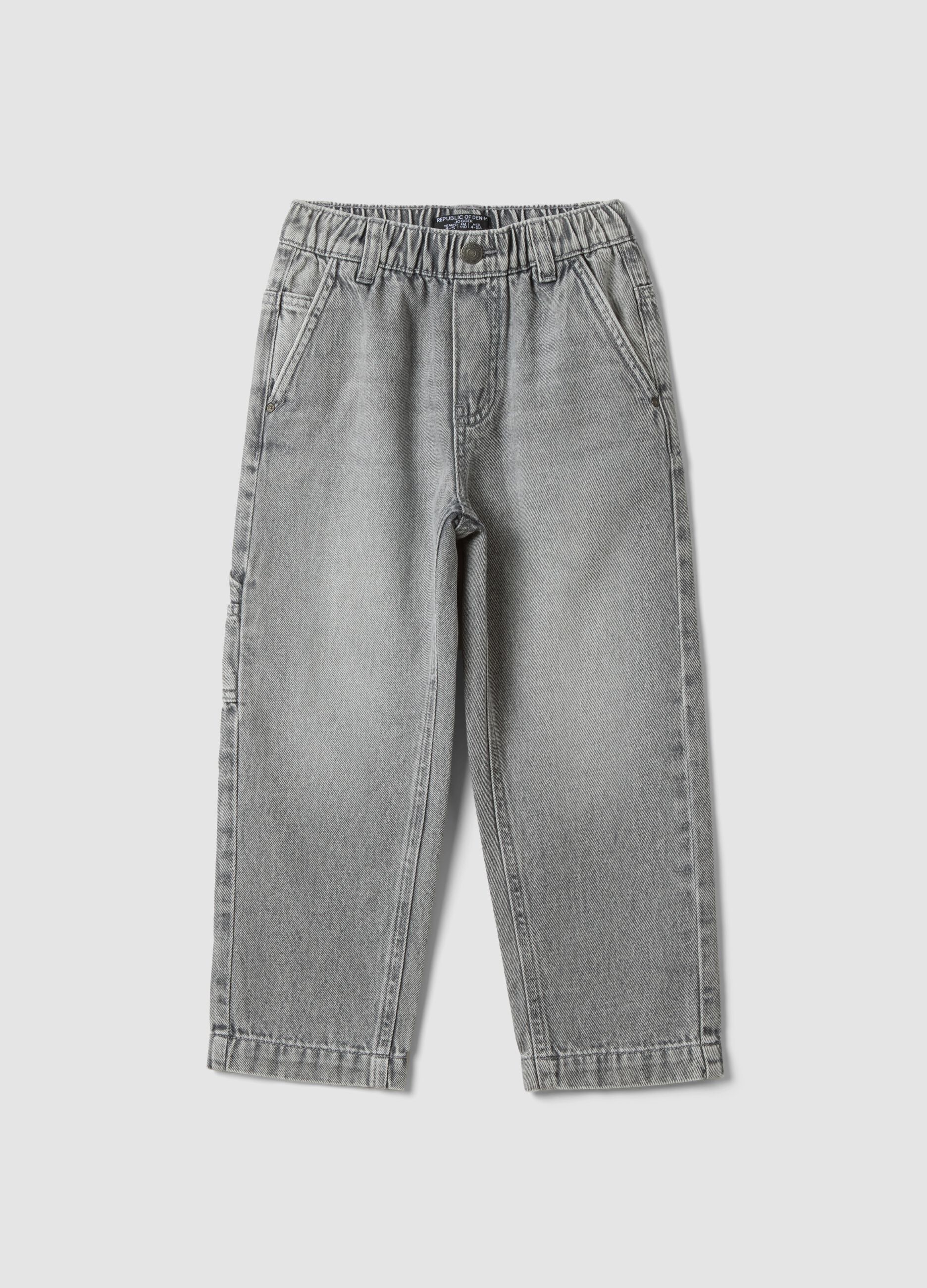 Grey cotton denim joggers with elasticated waist, relaxed fit