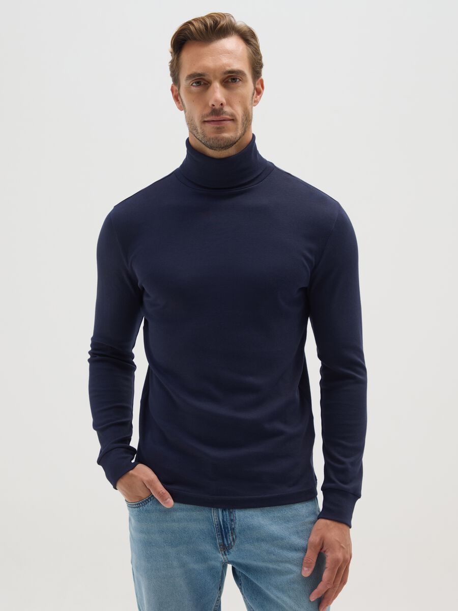 Maglia a collo alto blu in cotone_0