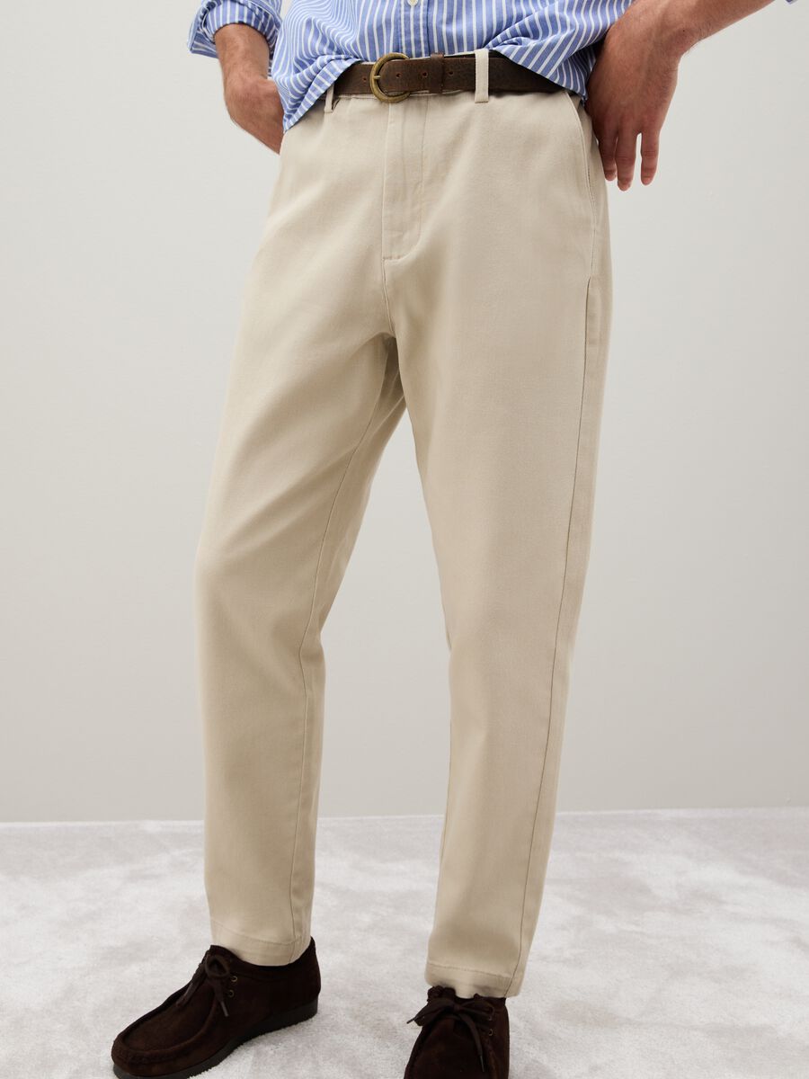 Beige stretch cotton trousers with carrot fit_2