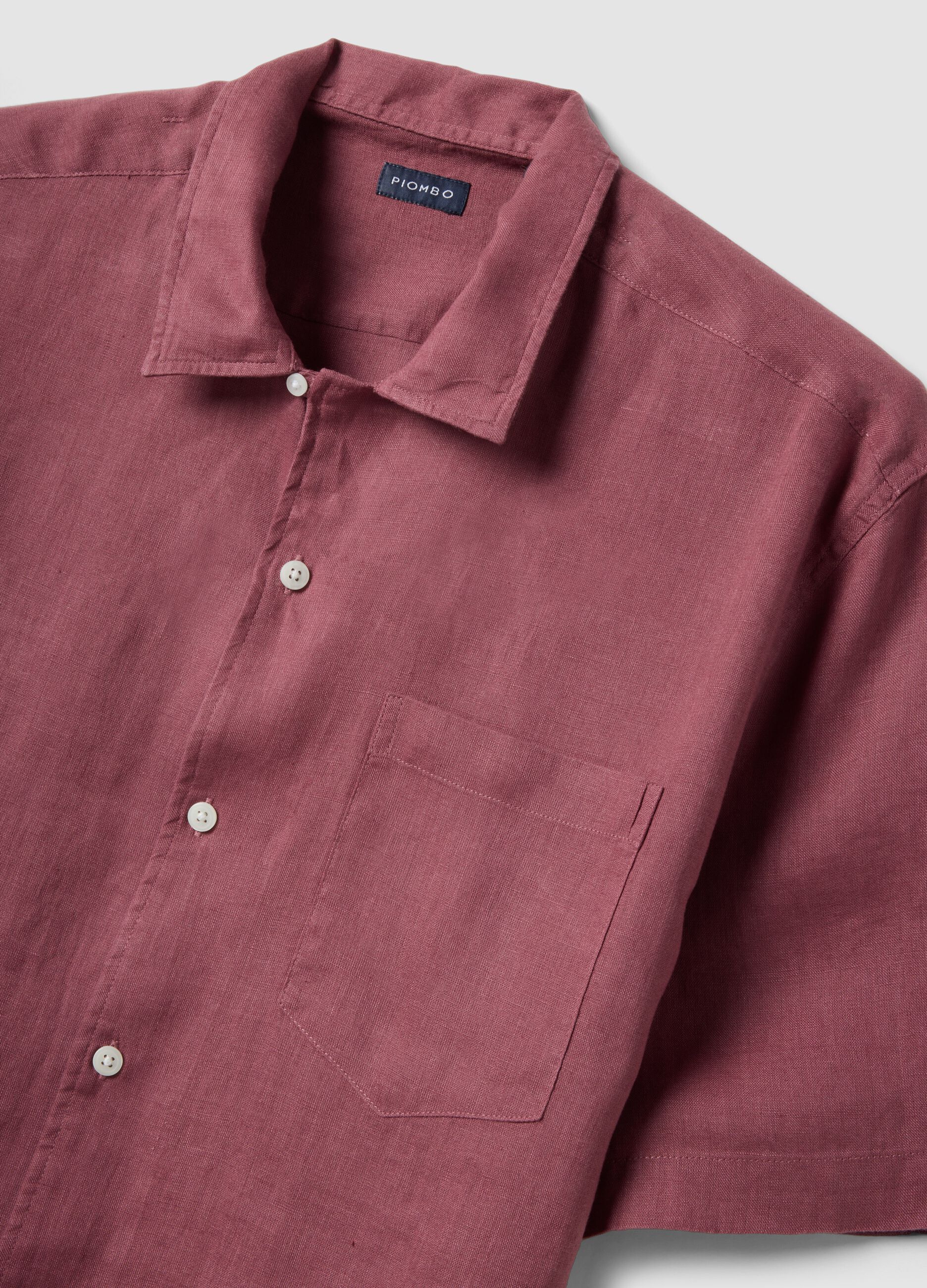Regular fit pink short sleeve pure linen shirt with pocket