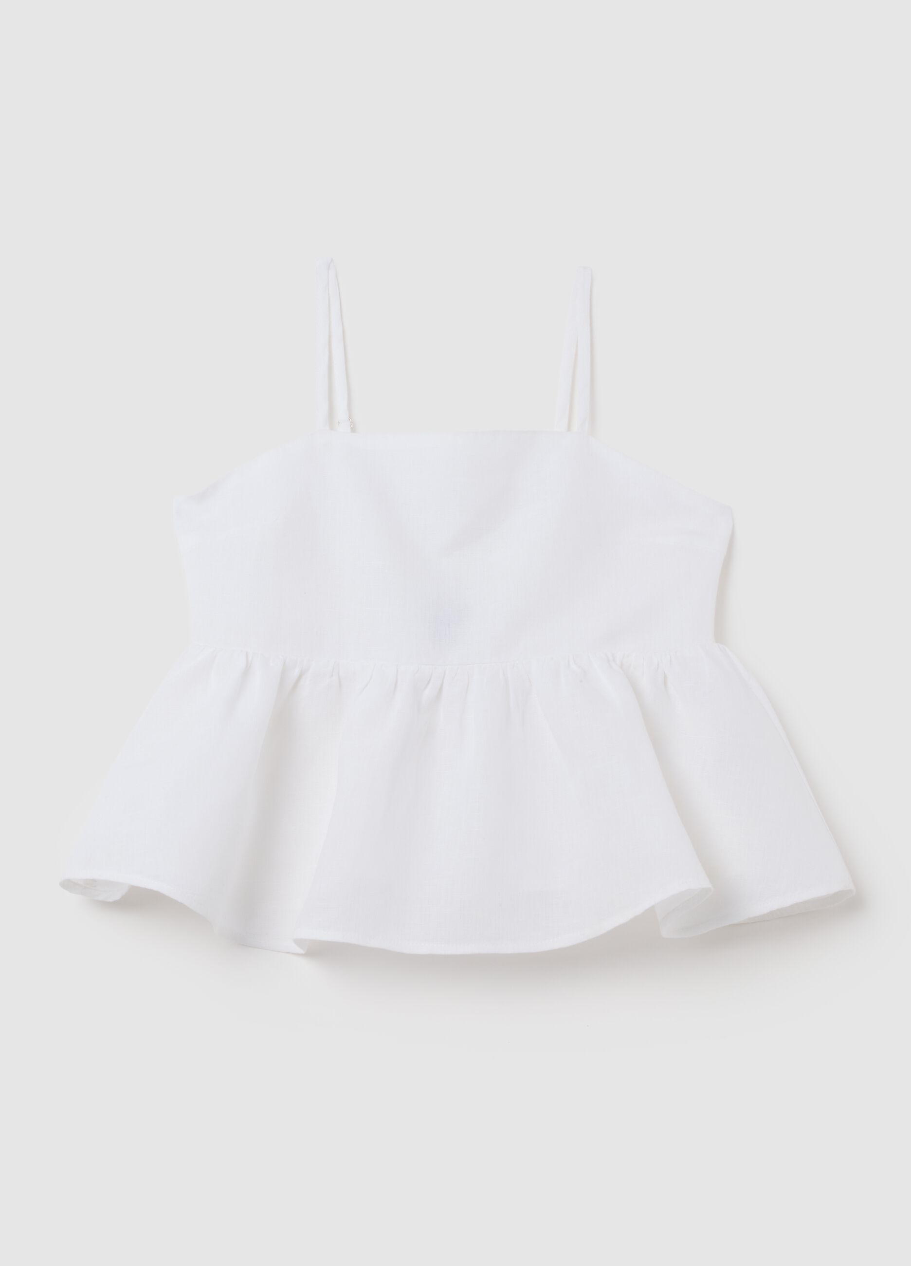 Girls' white cotton and linen top with regular fit, ruffles and bow at the back