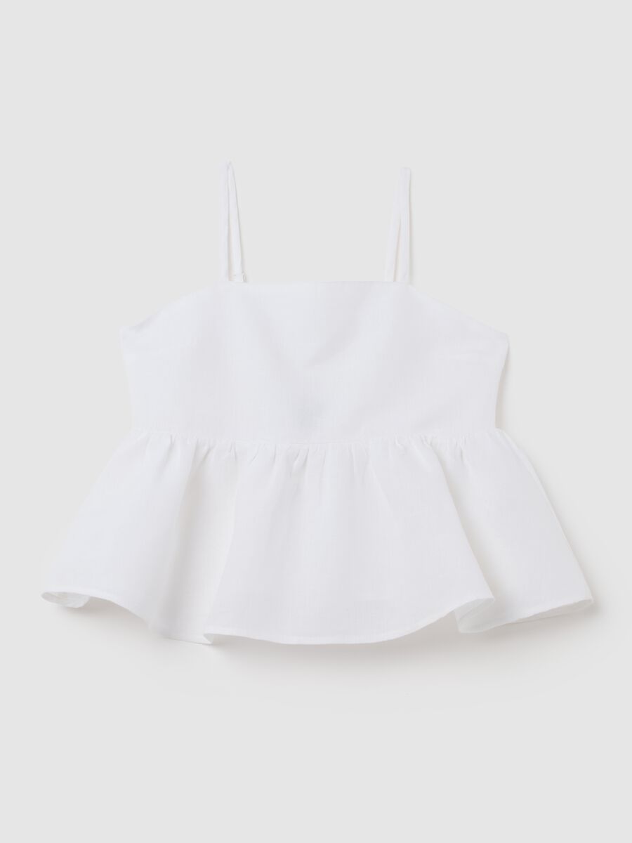 Top da ragazze in cotone e lino bianco regular fit con balze e fiocco sul retro_0