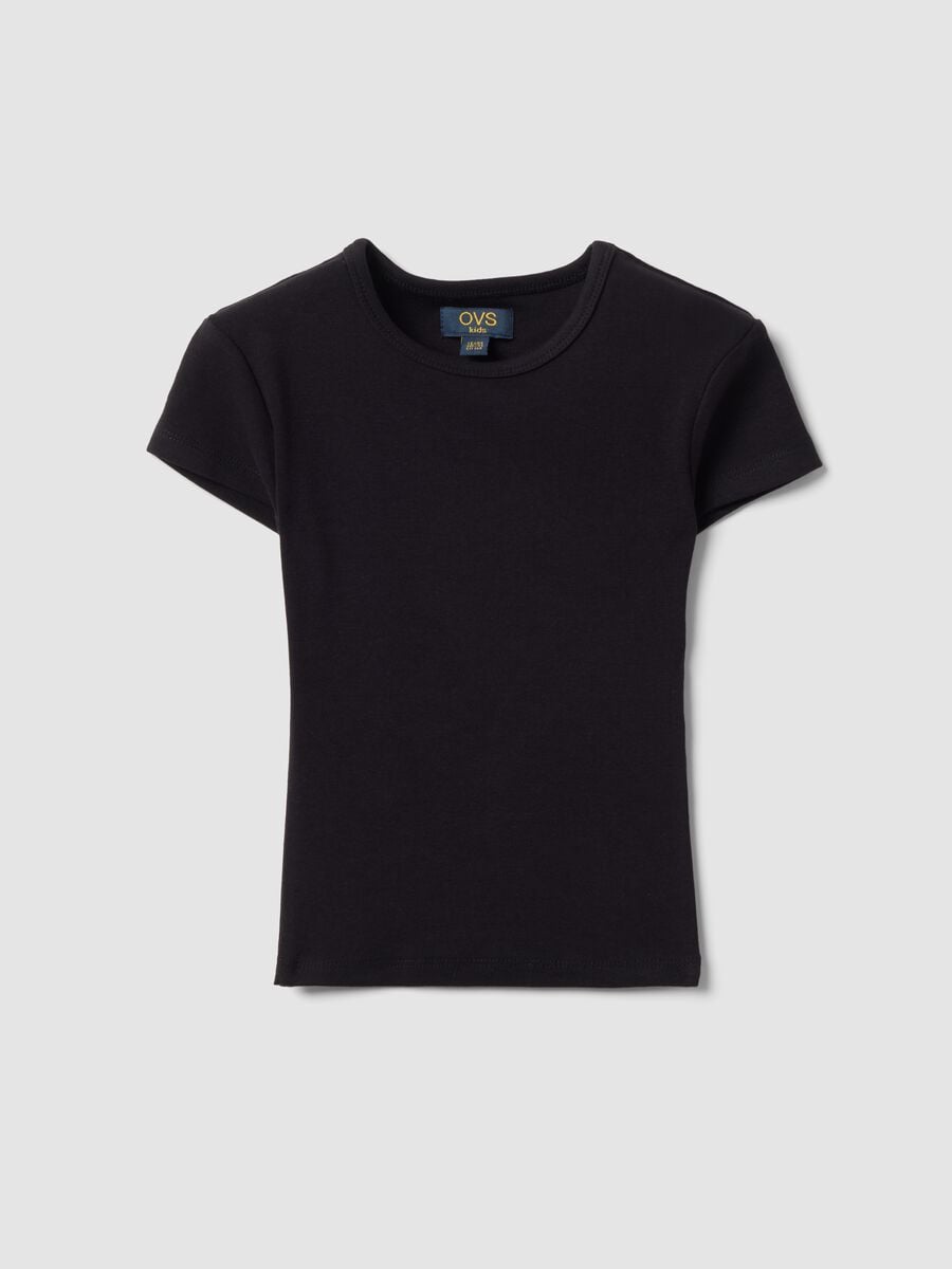 Black fitted short-sleeve stretch organic cotton T-shirt for girls_0