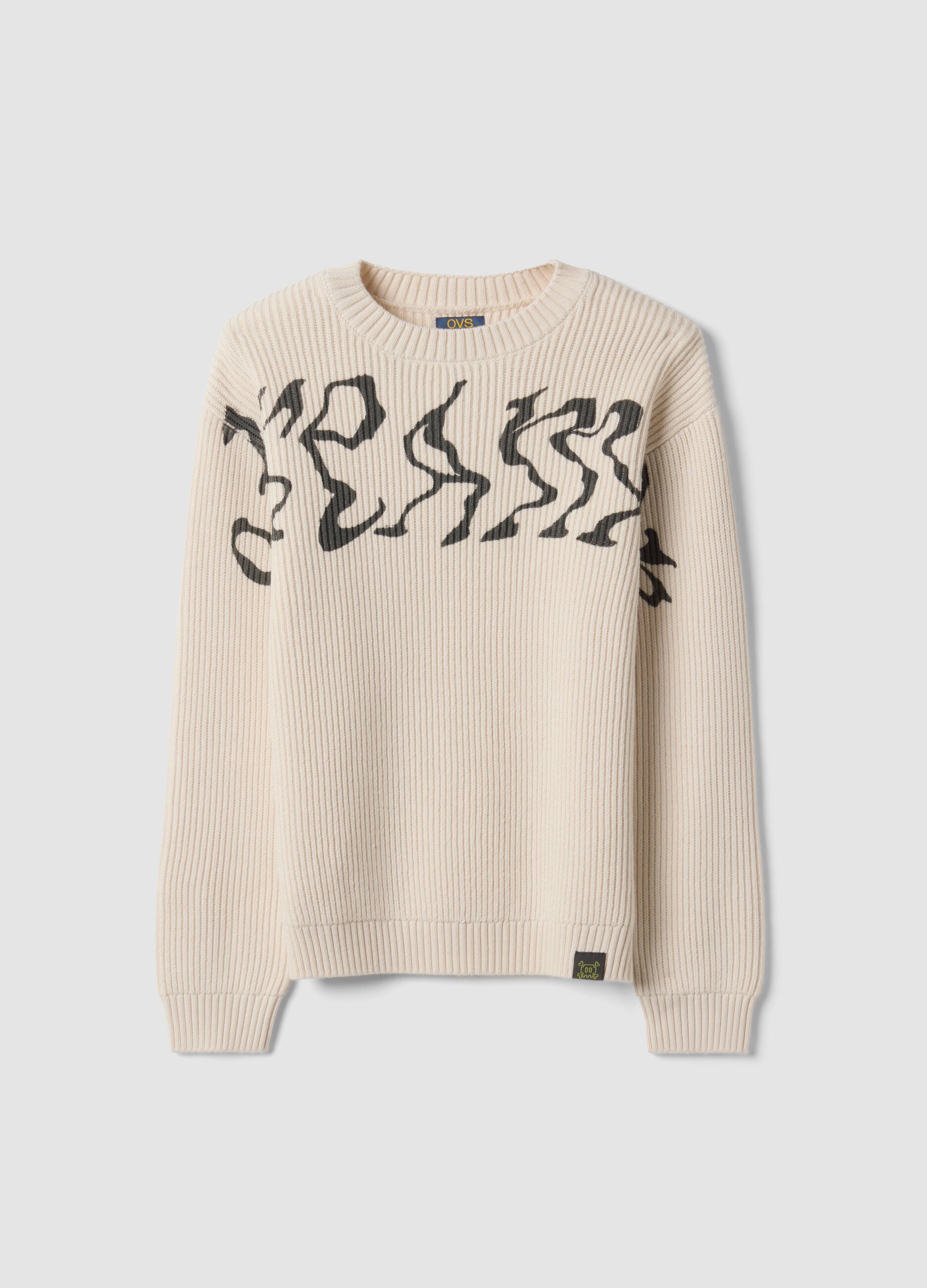 Beige oversized cotton-blend ribbed crew-neck top for boys
