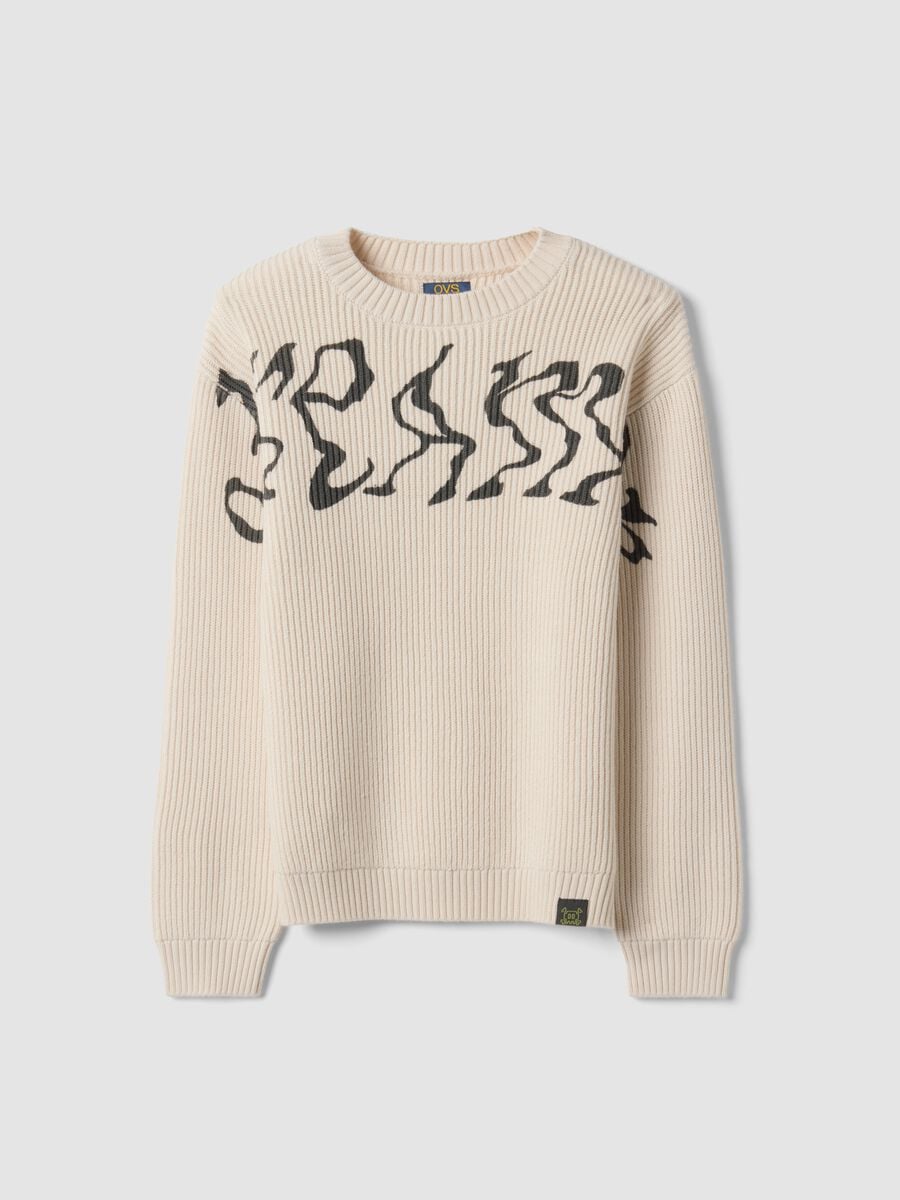 Beige oversized cotton-blend ribbed crew-neck top for boys_0