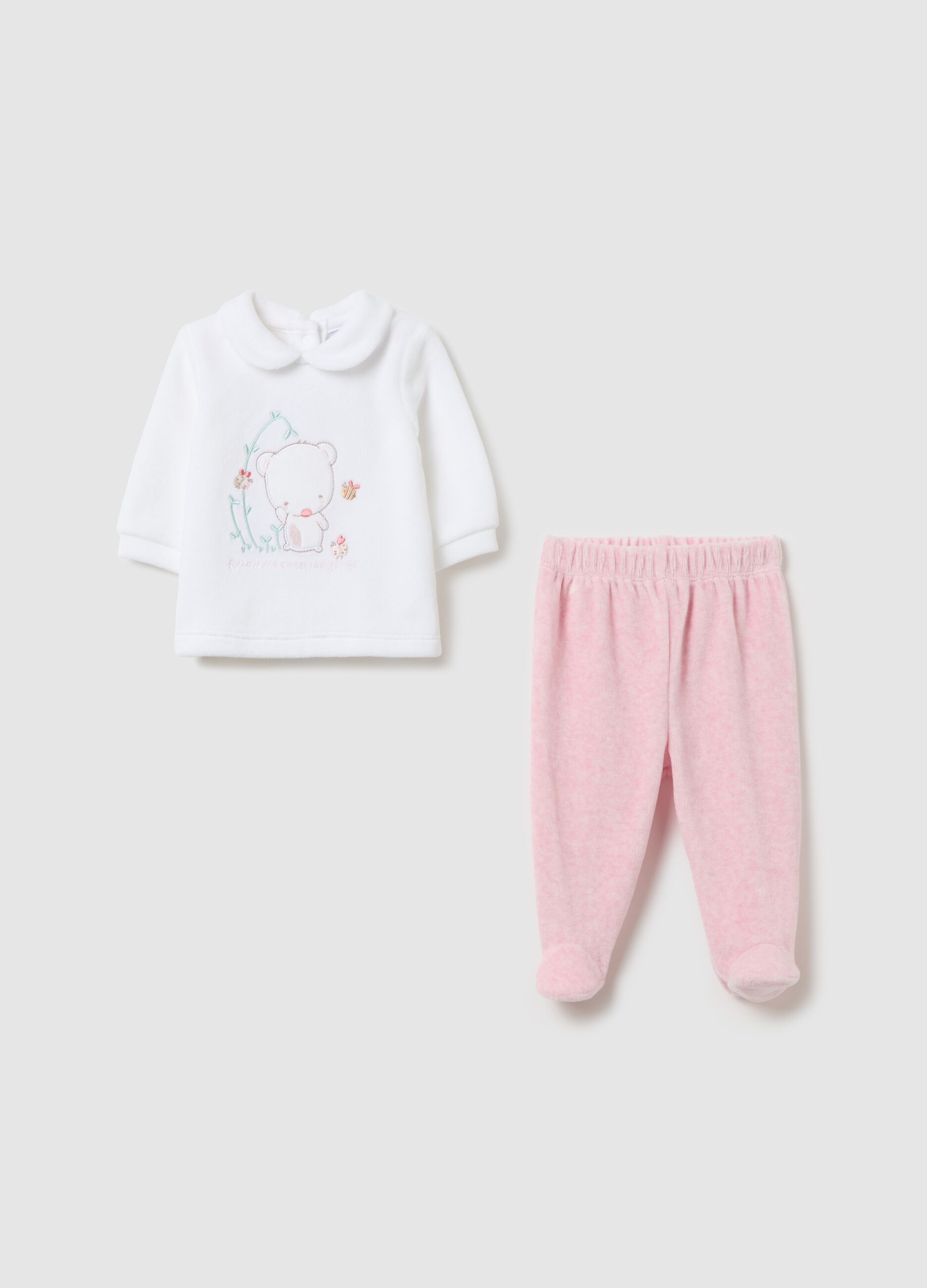 T-shirt and baby leggings set in velour with embroidery