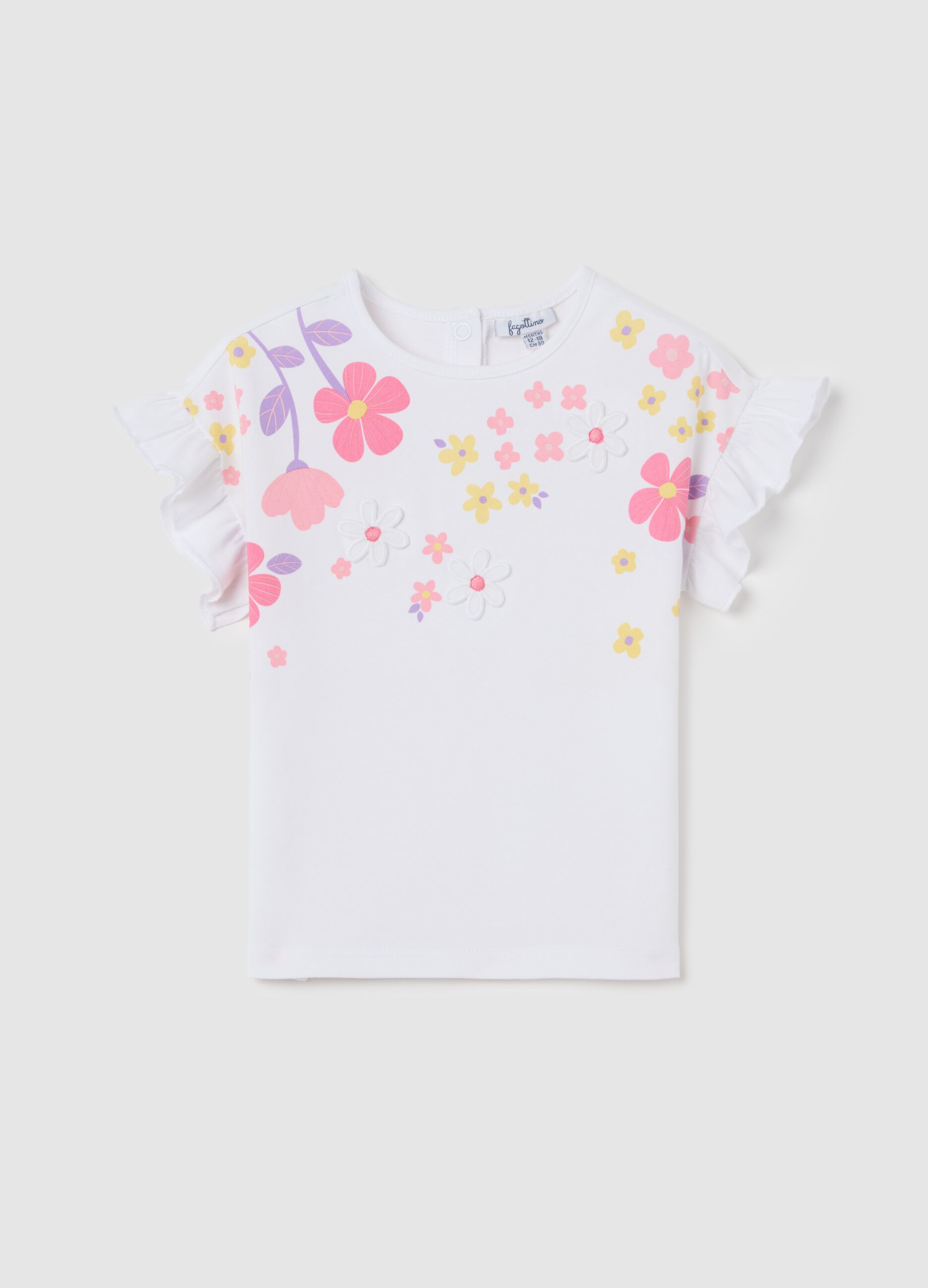 White short-sleeve t-shirt with ruffles and colourful flowers