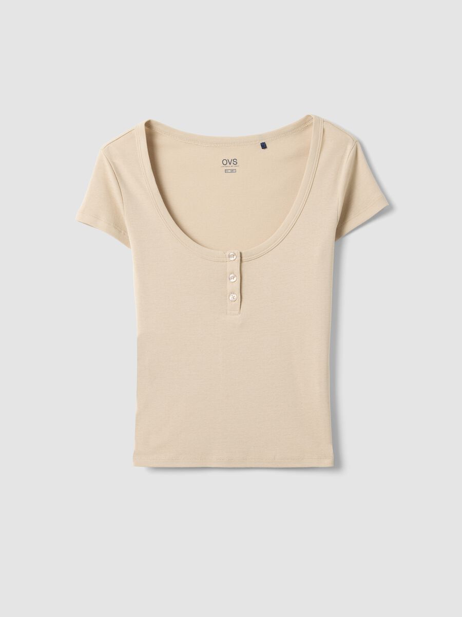 Beige pure cotton T-shirt regular fit with deep Henley neckline_4