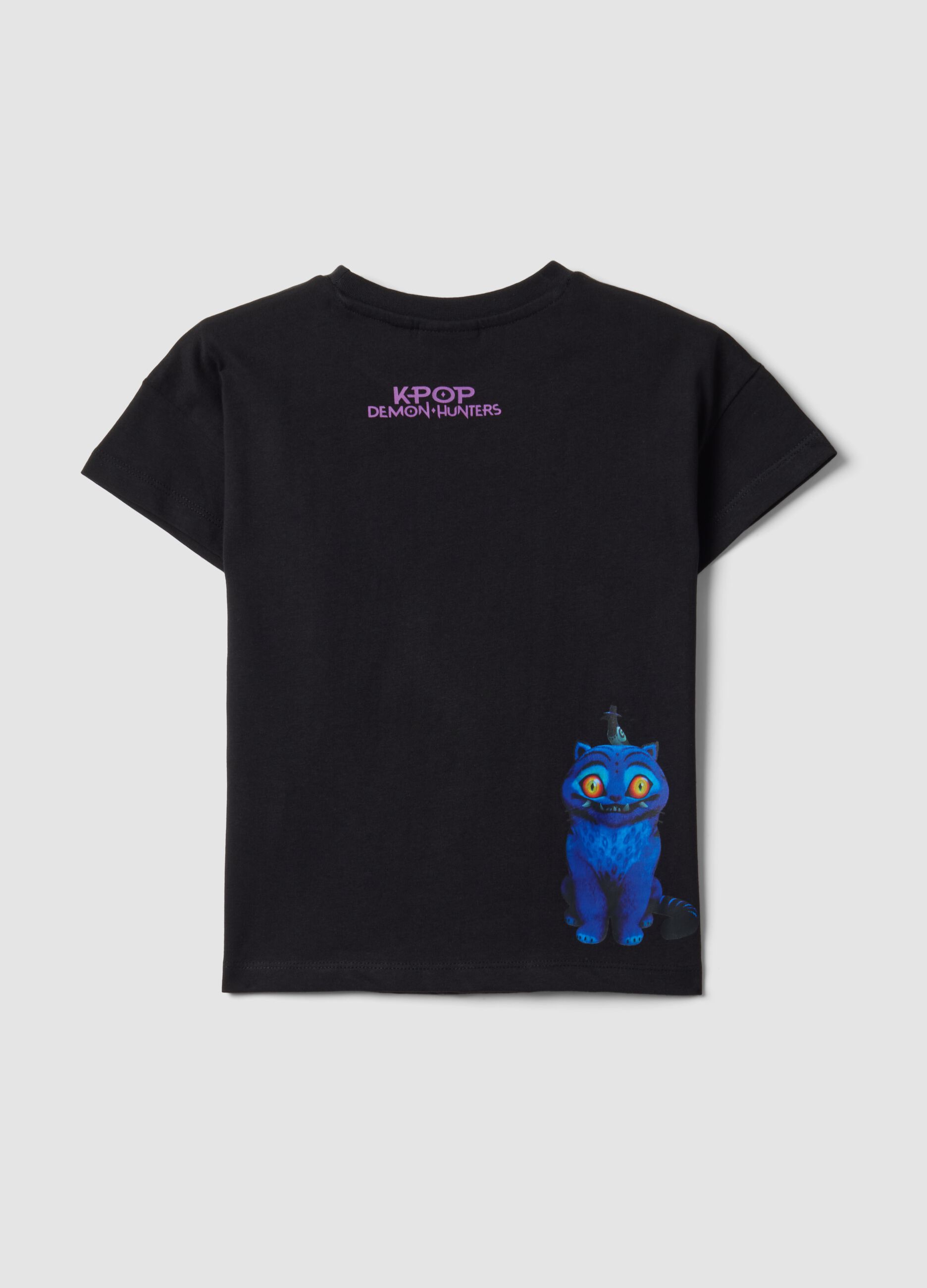 Black pure cotton T-shirt with K-Pop Demon Hunters print for girls