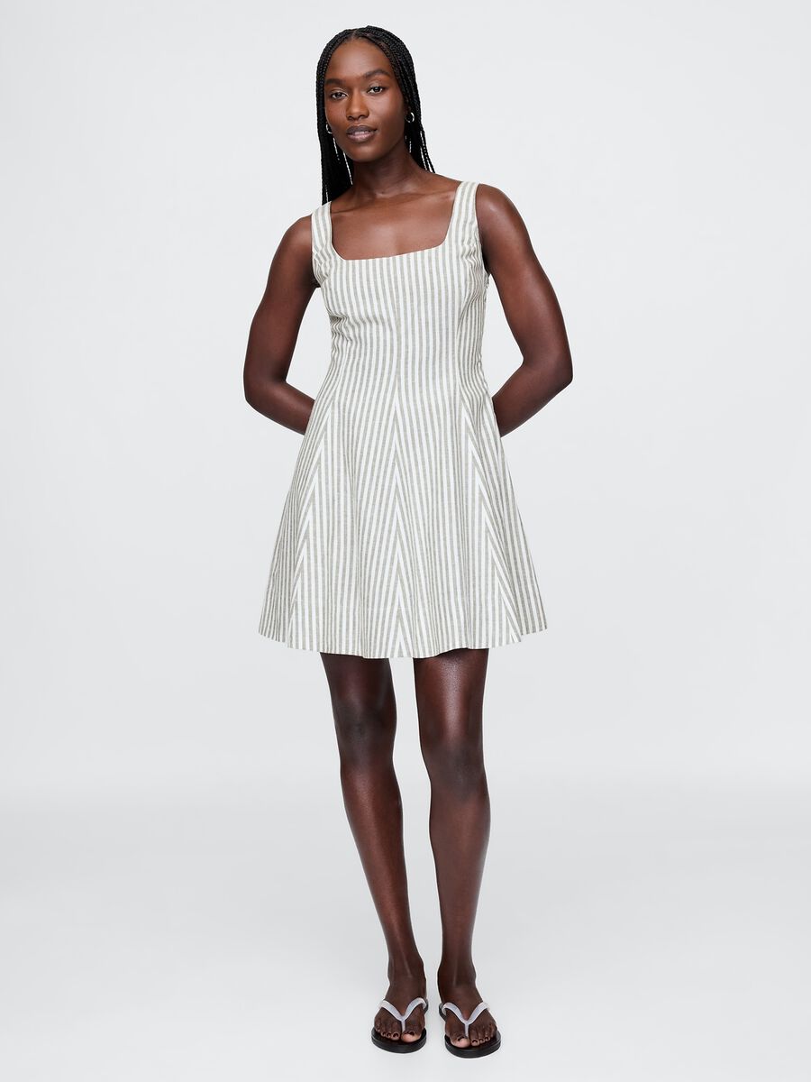 White and grey striped dress in linen and viscose_0