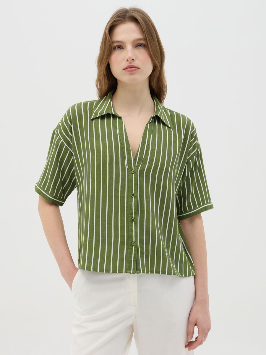 Green striped shirt in viscose and linen_0