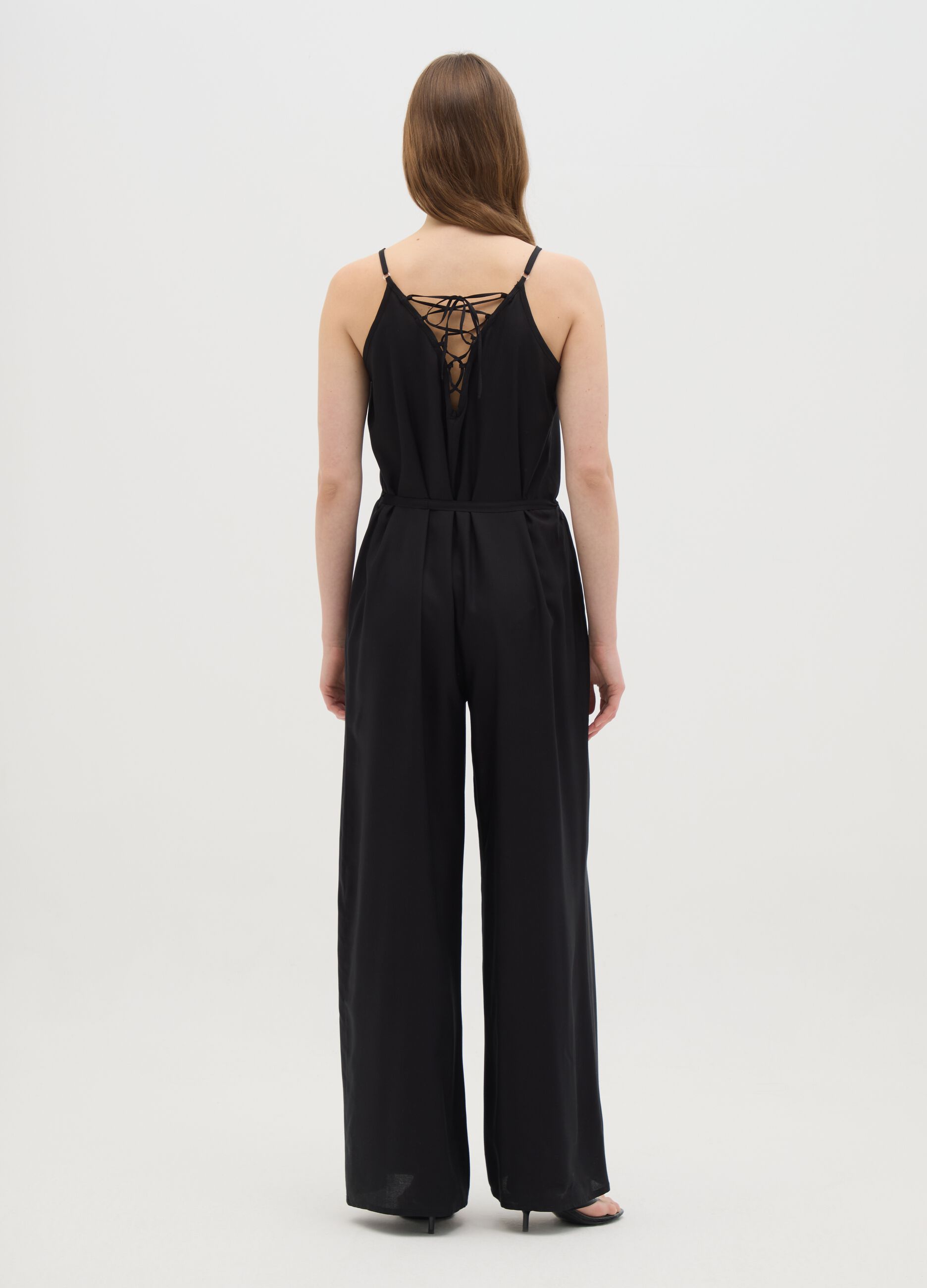Women's jumpsuit in pure black viscose wide fit