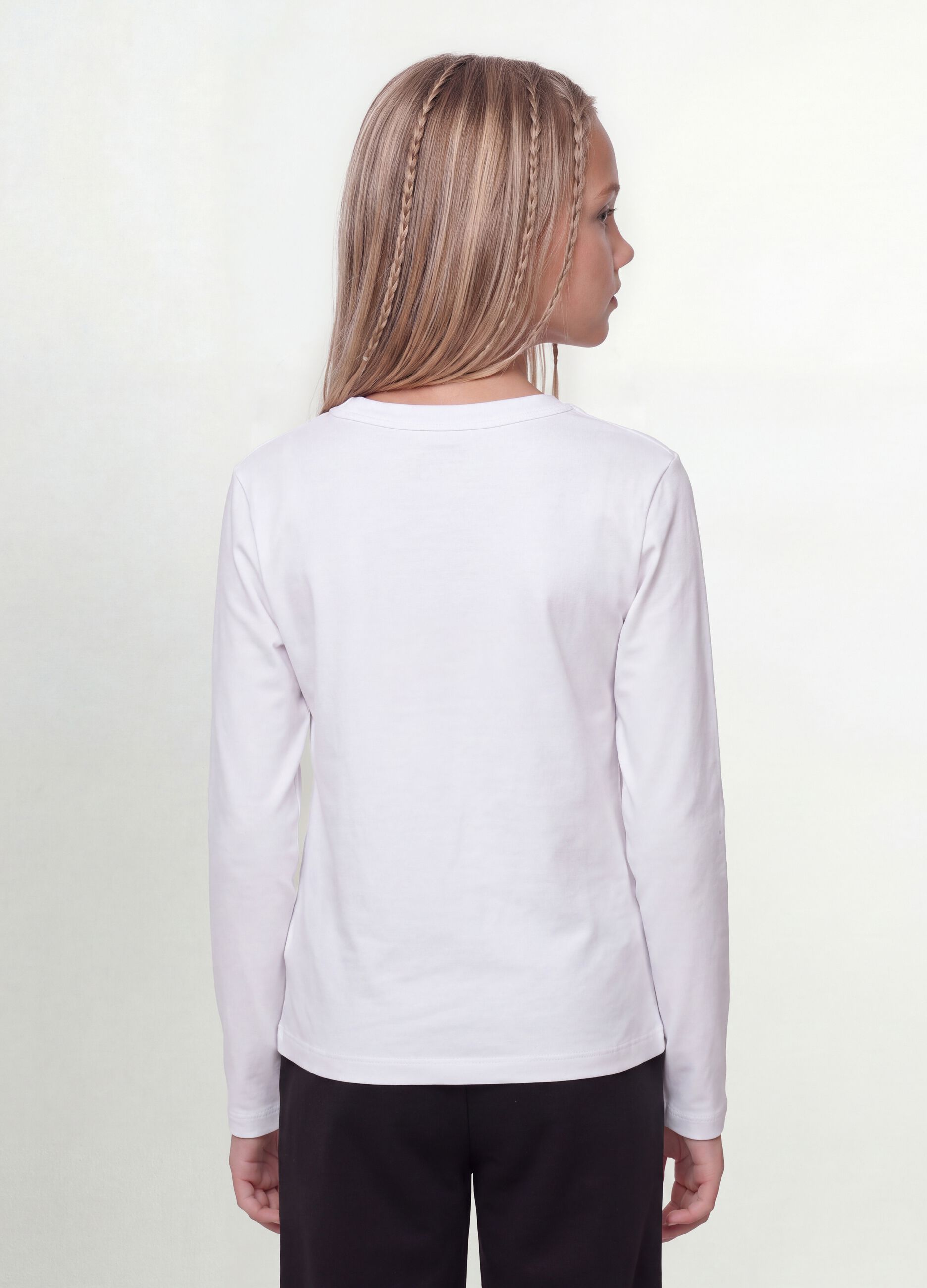 T-shirt bianca in cotone organico e viscosa elasticizzato con collo a costine per ragazza