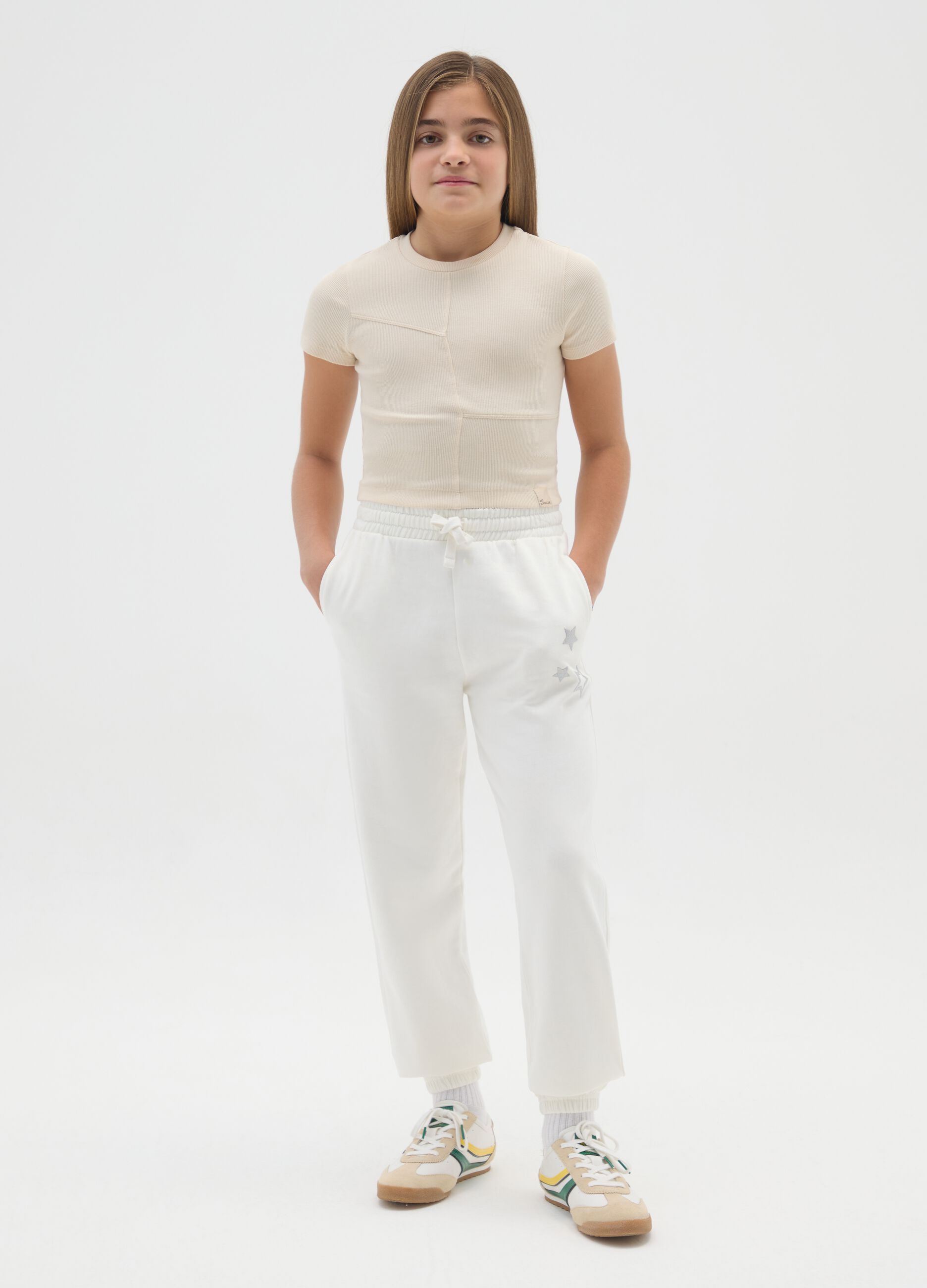 Girls' white pure cotton jogger trousers regular fit