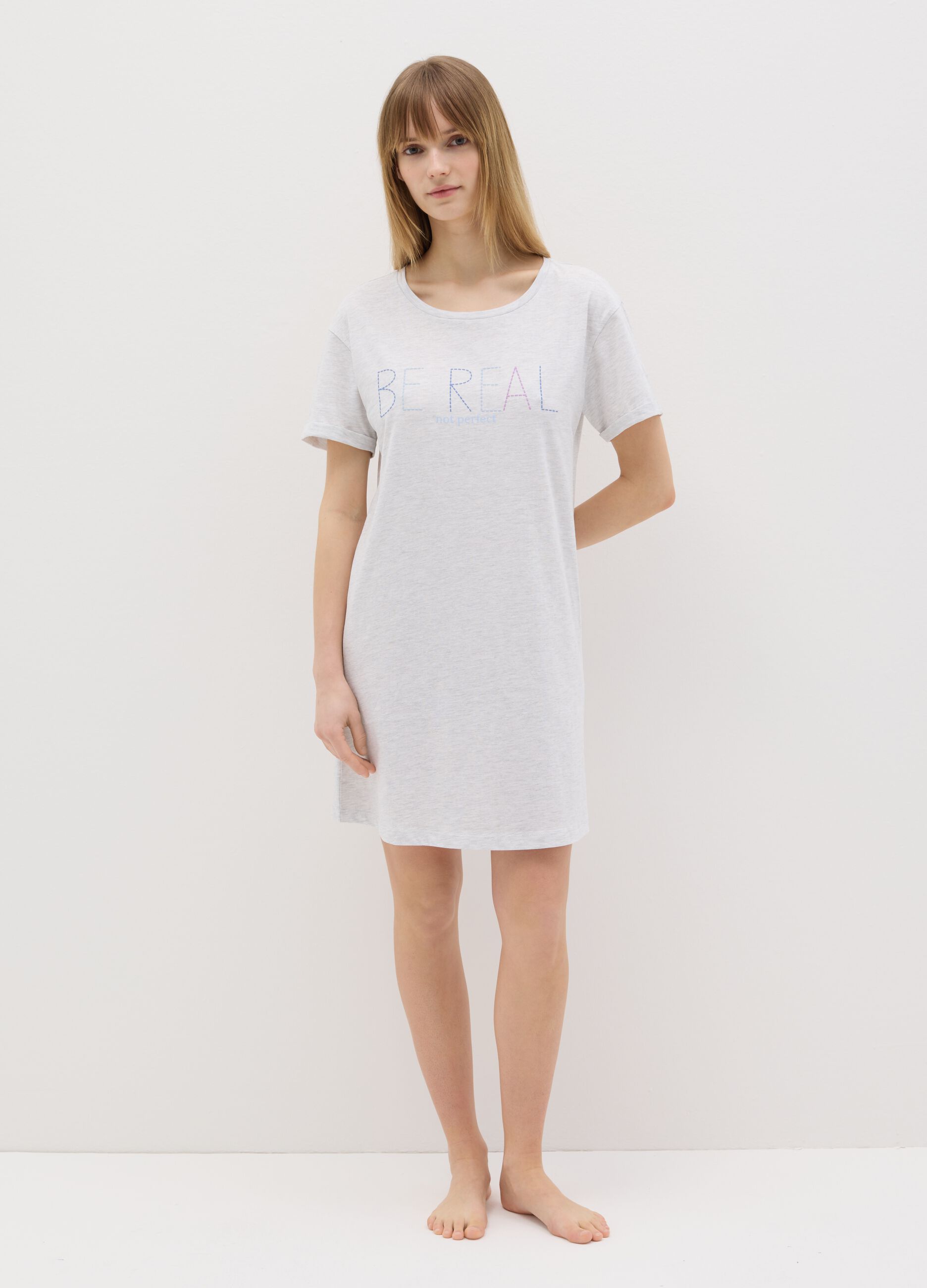 Grey nightshirt with "Be Real" print