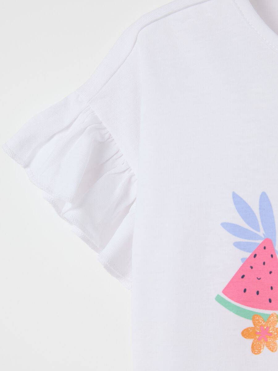 White cotton T-shirt with frills and print_2