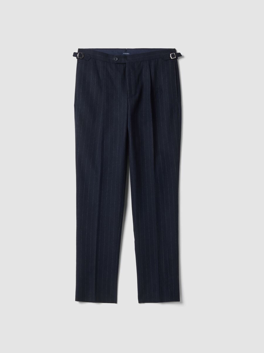 Pantaloni blu navy in misto lana gessati regular fit_0