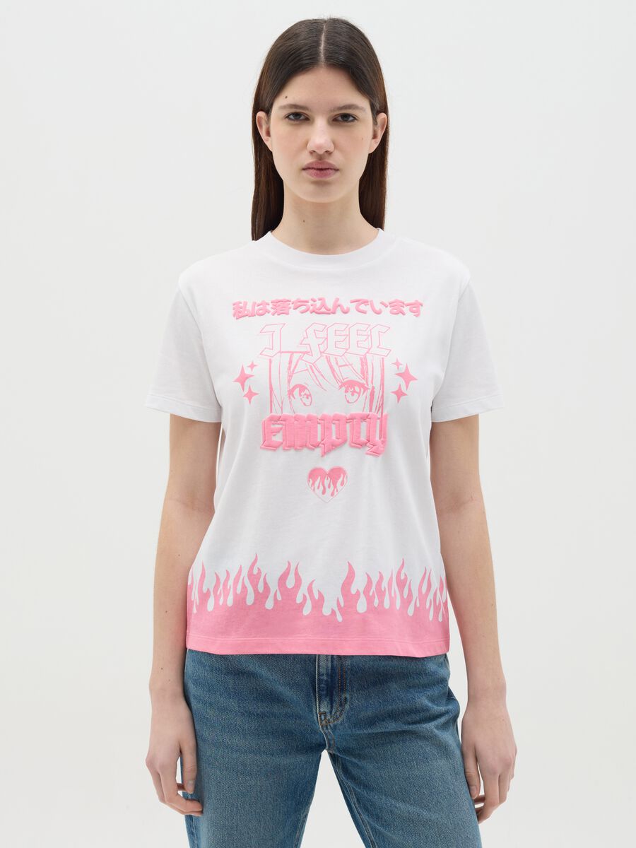 White T-shirt in cotton with manga motif print_0