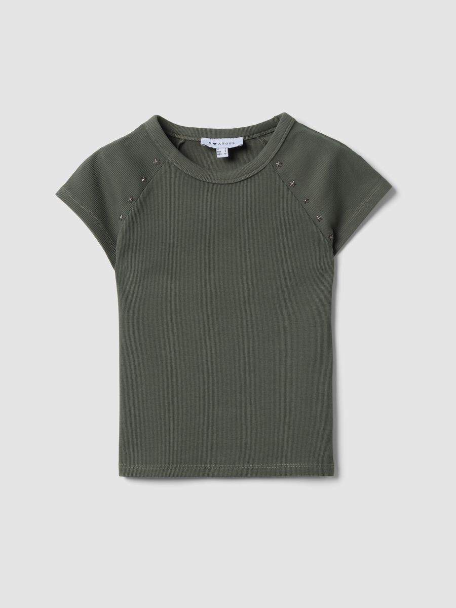 Green fitted ribbed stretch-cotton T-shirt with studs_4