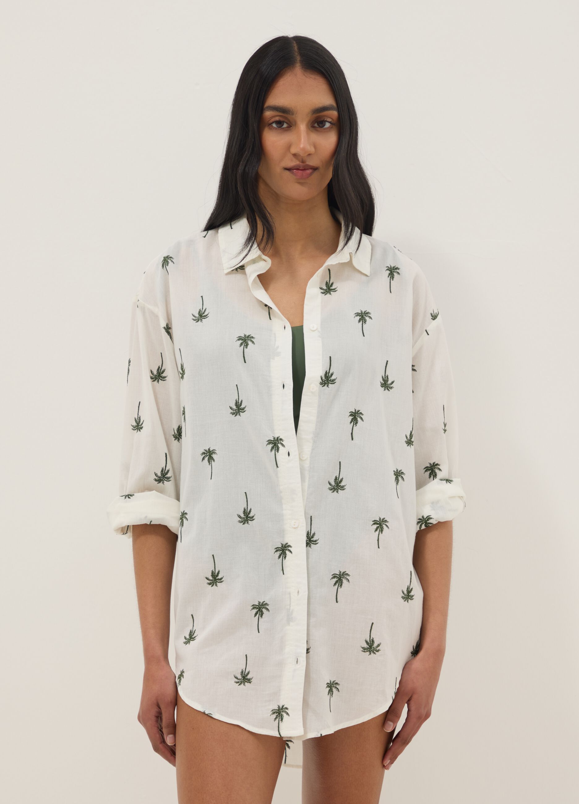 White pure organic cotton kaftan with palm print