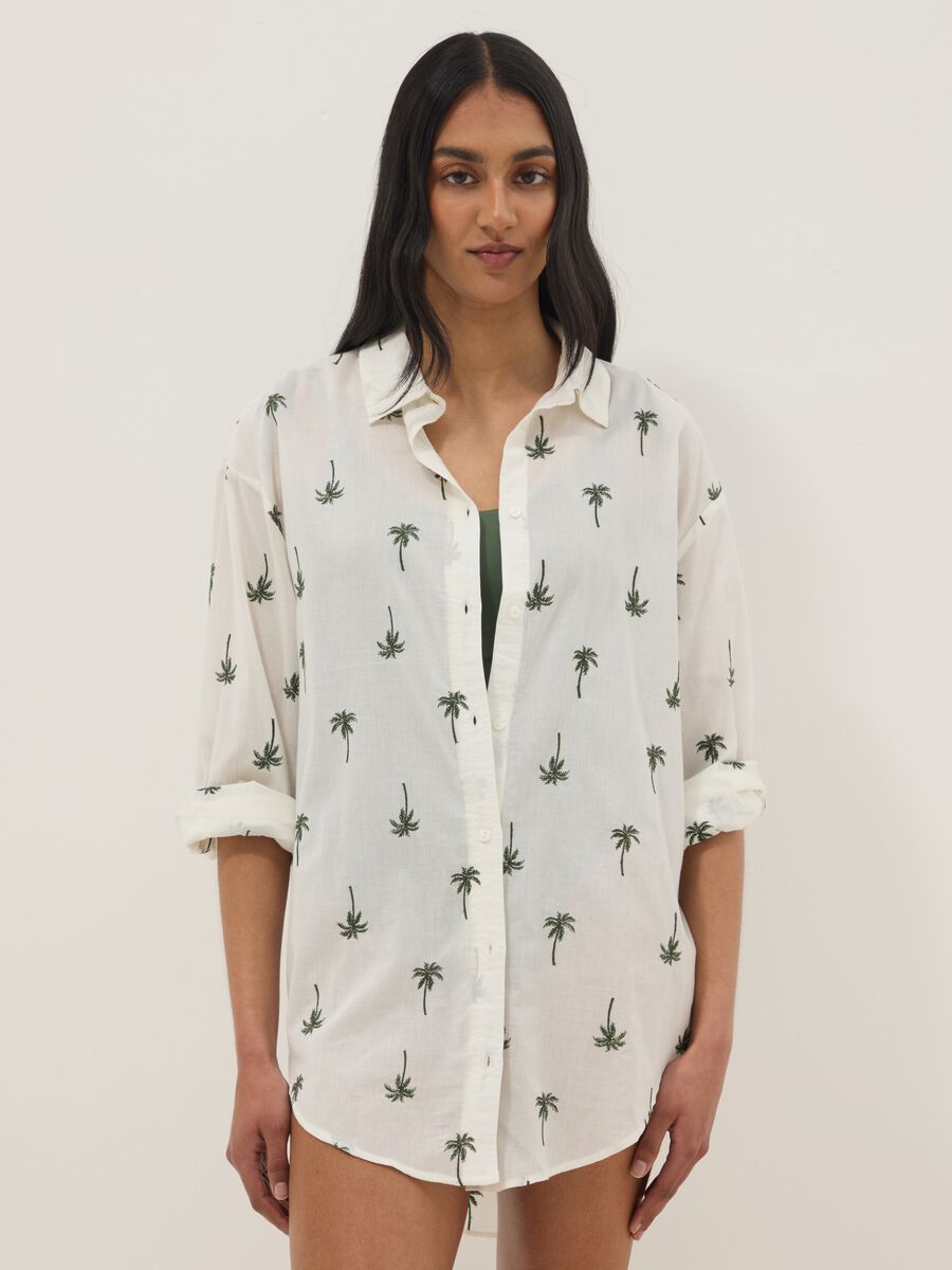 White pure organic cotton kaftan with palm print_2