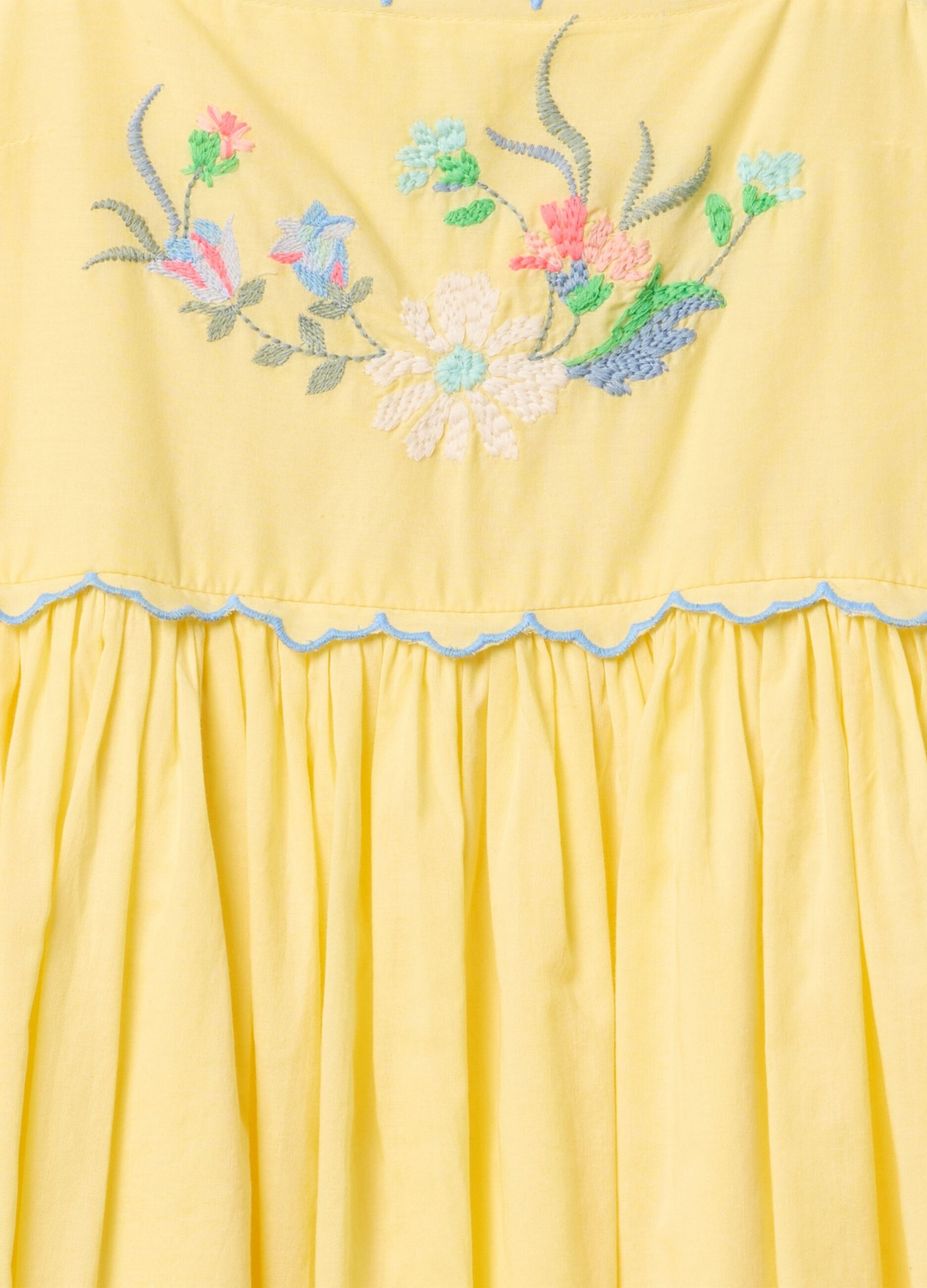 Yellow summer dress with floral embroidery in cotton