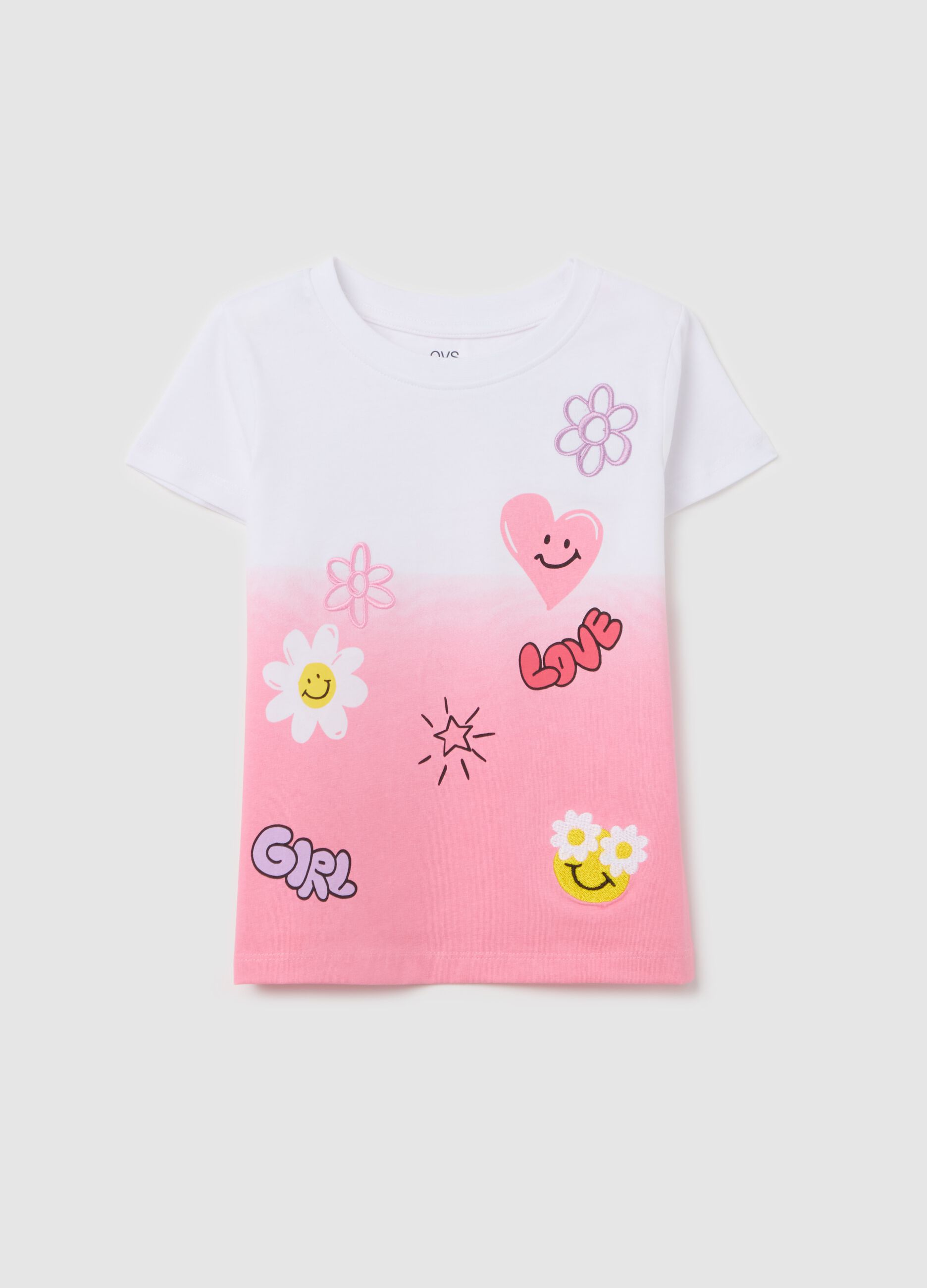 T-shirt degradé con stampa fiori e ricamo cuori