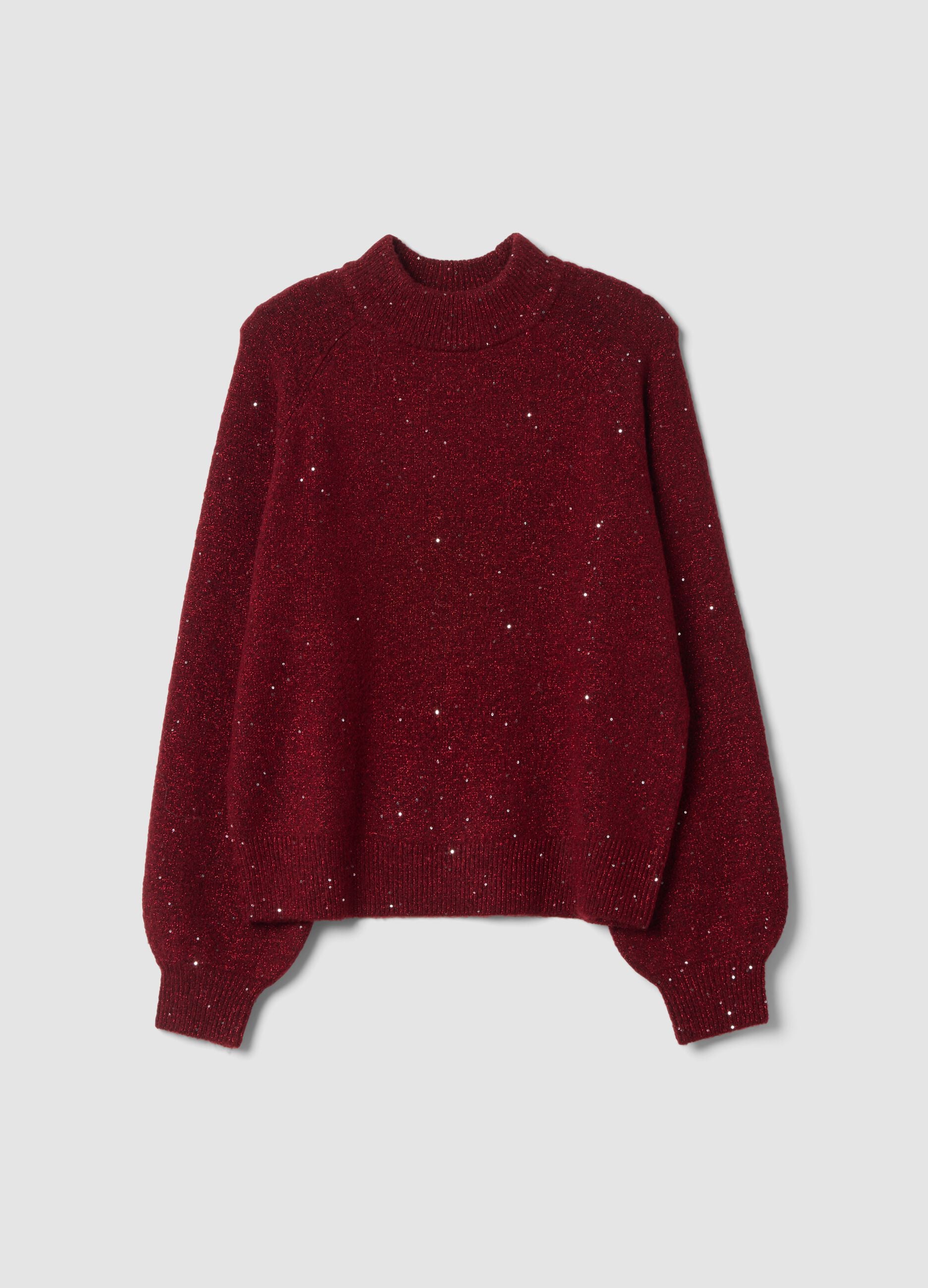 Red stretch top with high neck and sequins