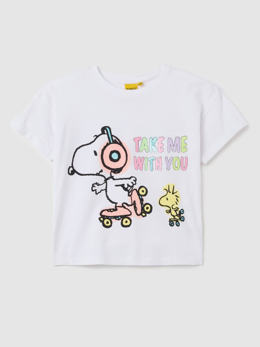 Girls' white cotton regular fit t-shirt with Snoopy print_0