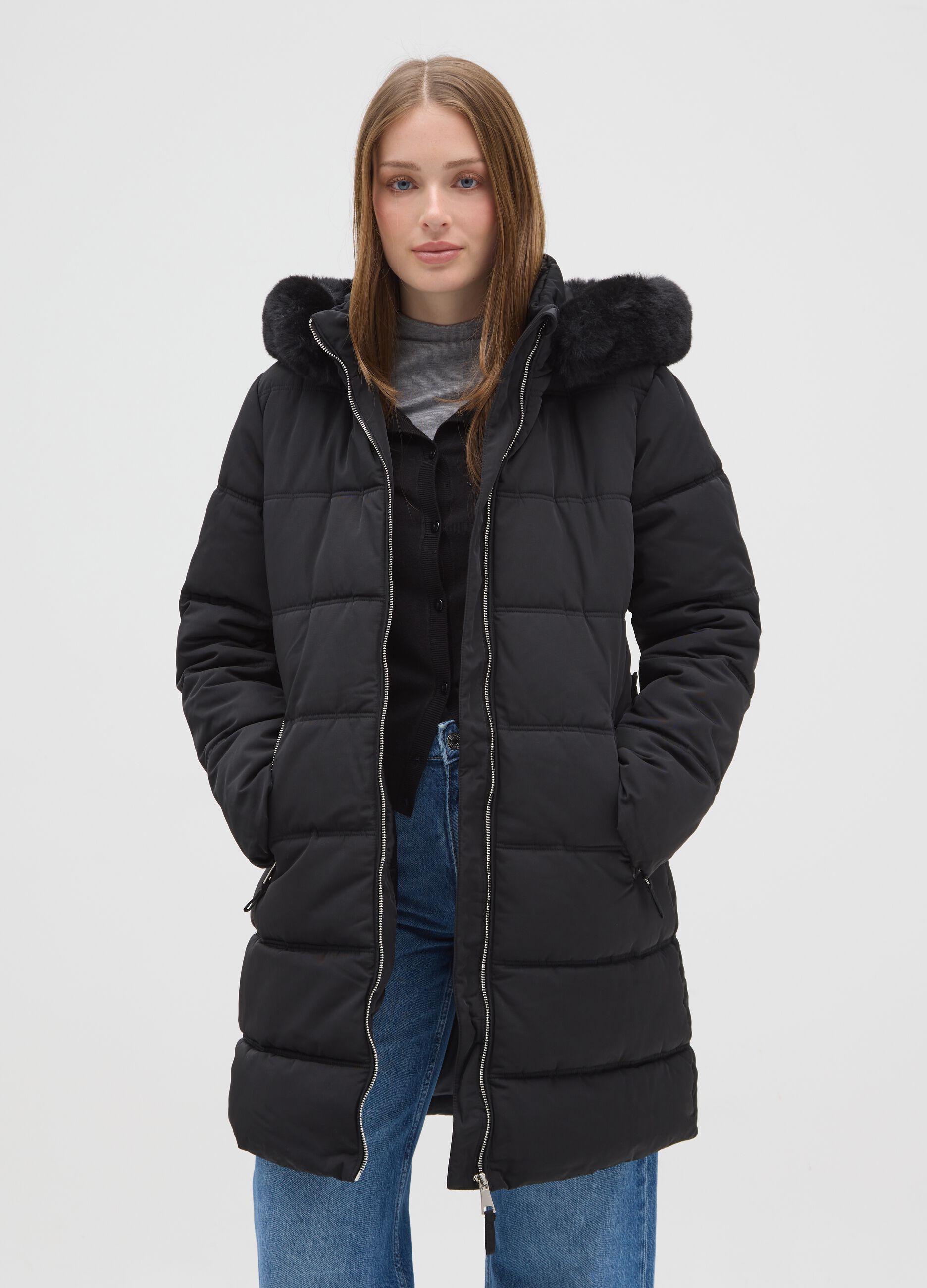 Black long padded jacket regular fit with hood and zip