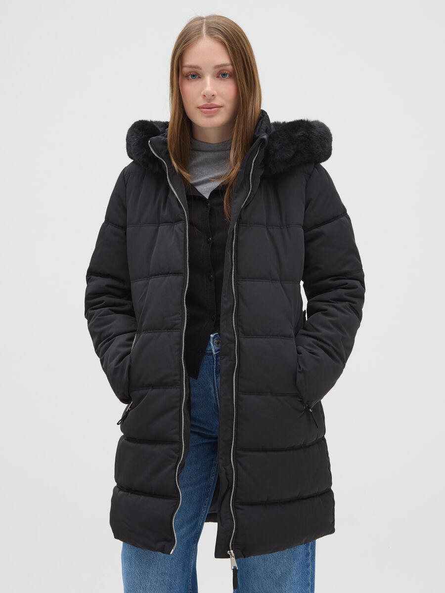 Black long padded jacket regular fit with hood and zip_0