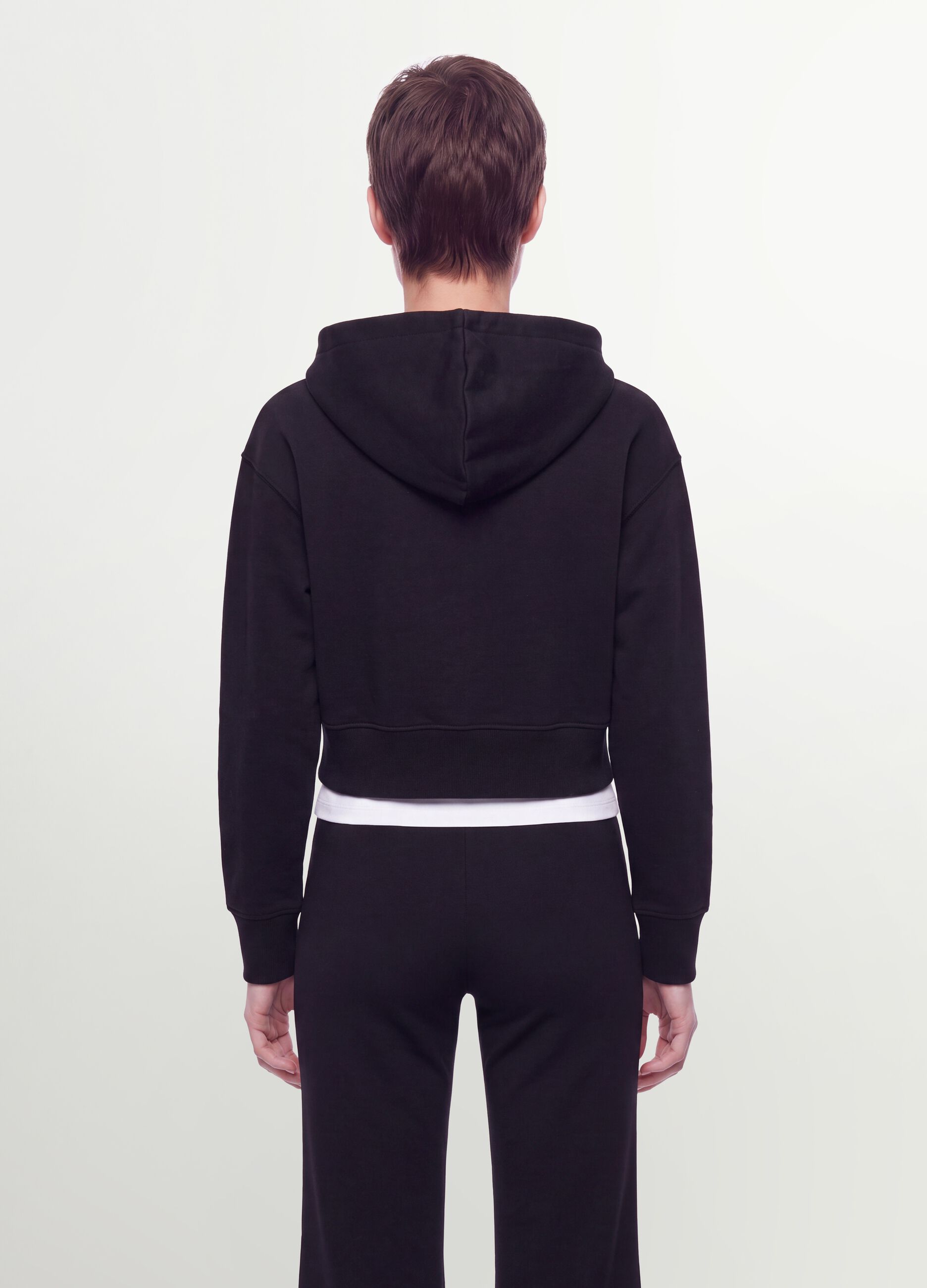 Felpa full zip nera in misto cotone con cappuccio fitted