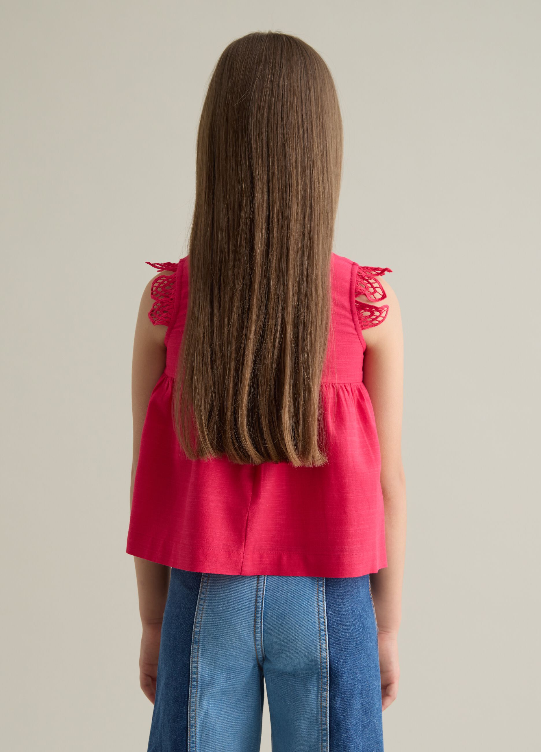 Top da bambina in misto viscosa e cotone rosa regular fit con dettagli crochet