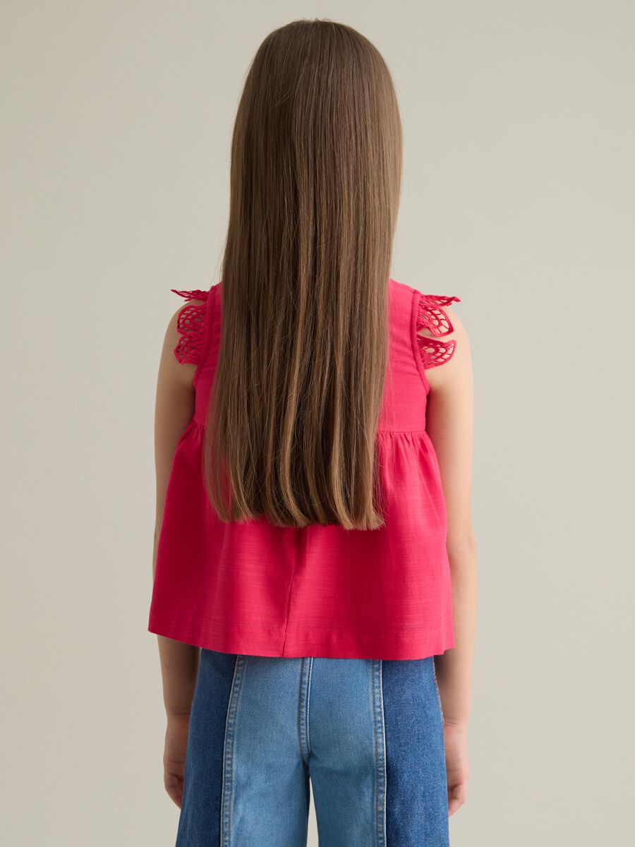Girls' pink viscose and cotton blend top with crochet details, regular fit_1
