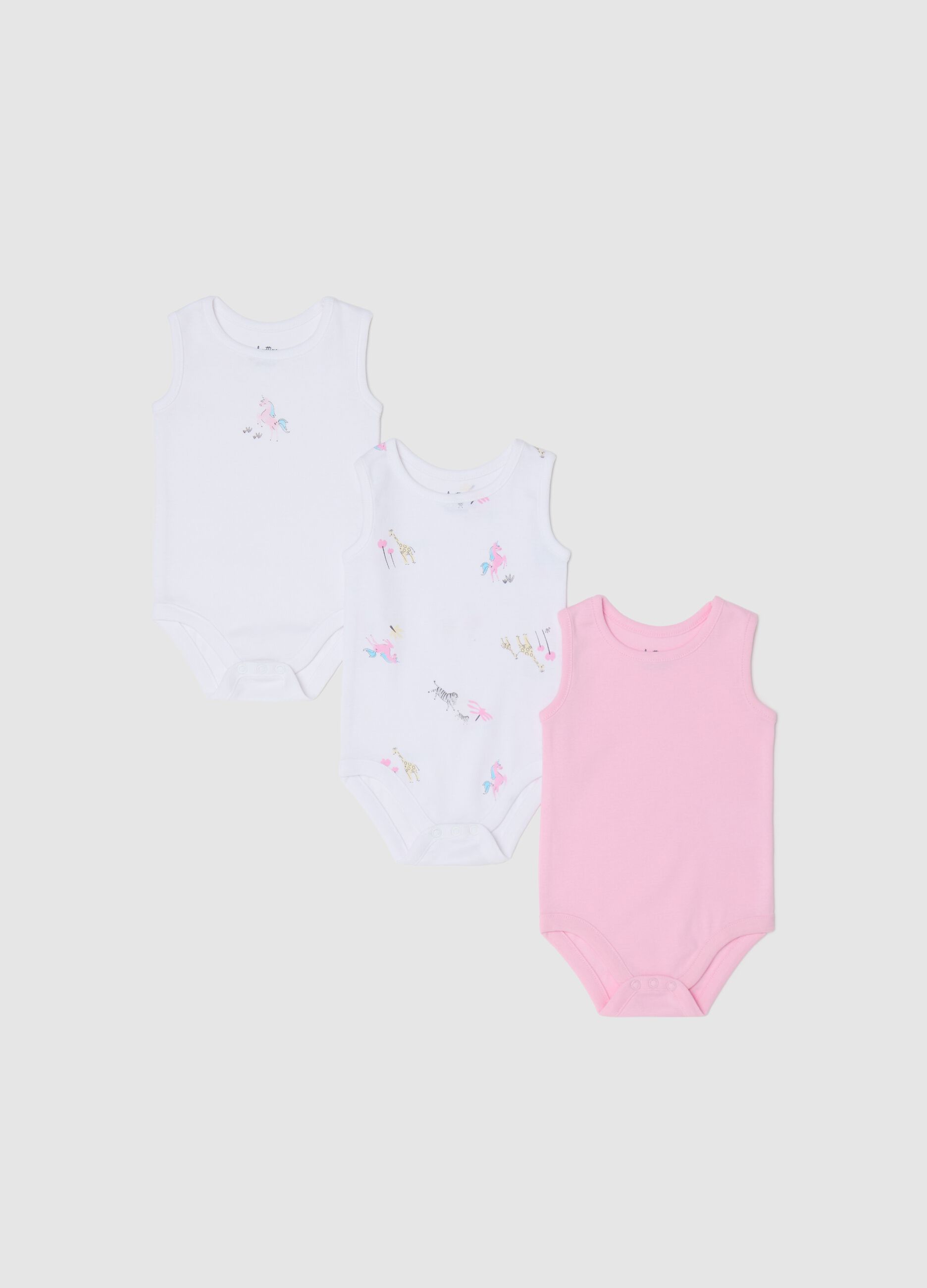 Three-pack white and pink bodysuits in organic cotton with print