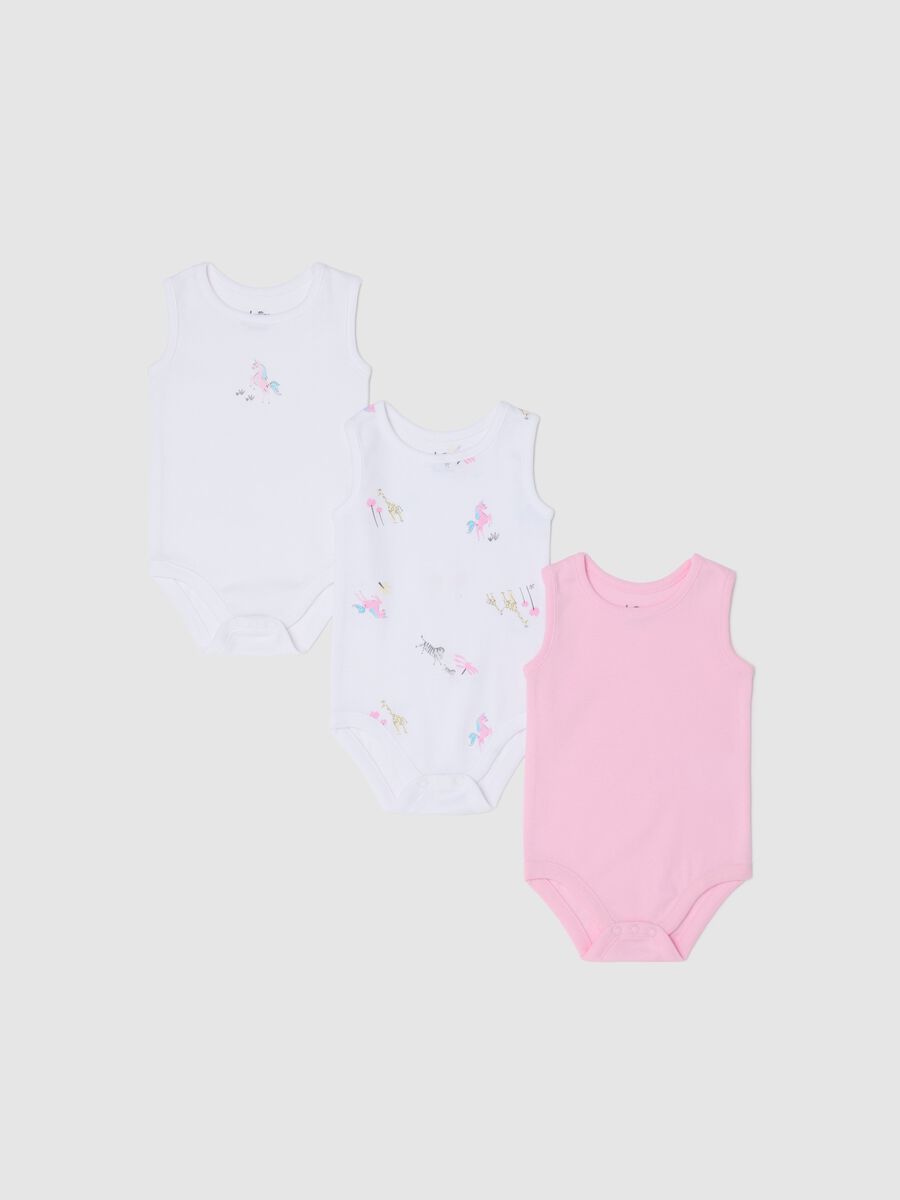 Three-pack white and pink bodysuits in organic cotton with print_0