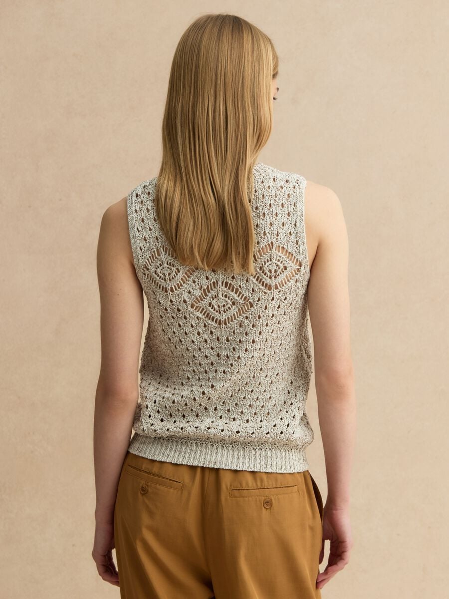 Fitted beige cotton blend mesh vest_4