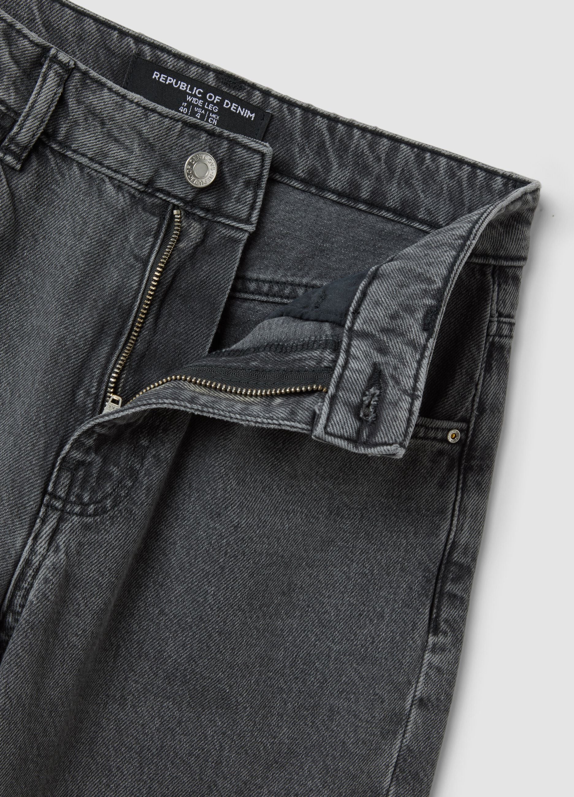 Grey pure cotton wide-leg high-waisted denim jeans