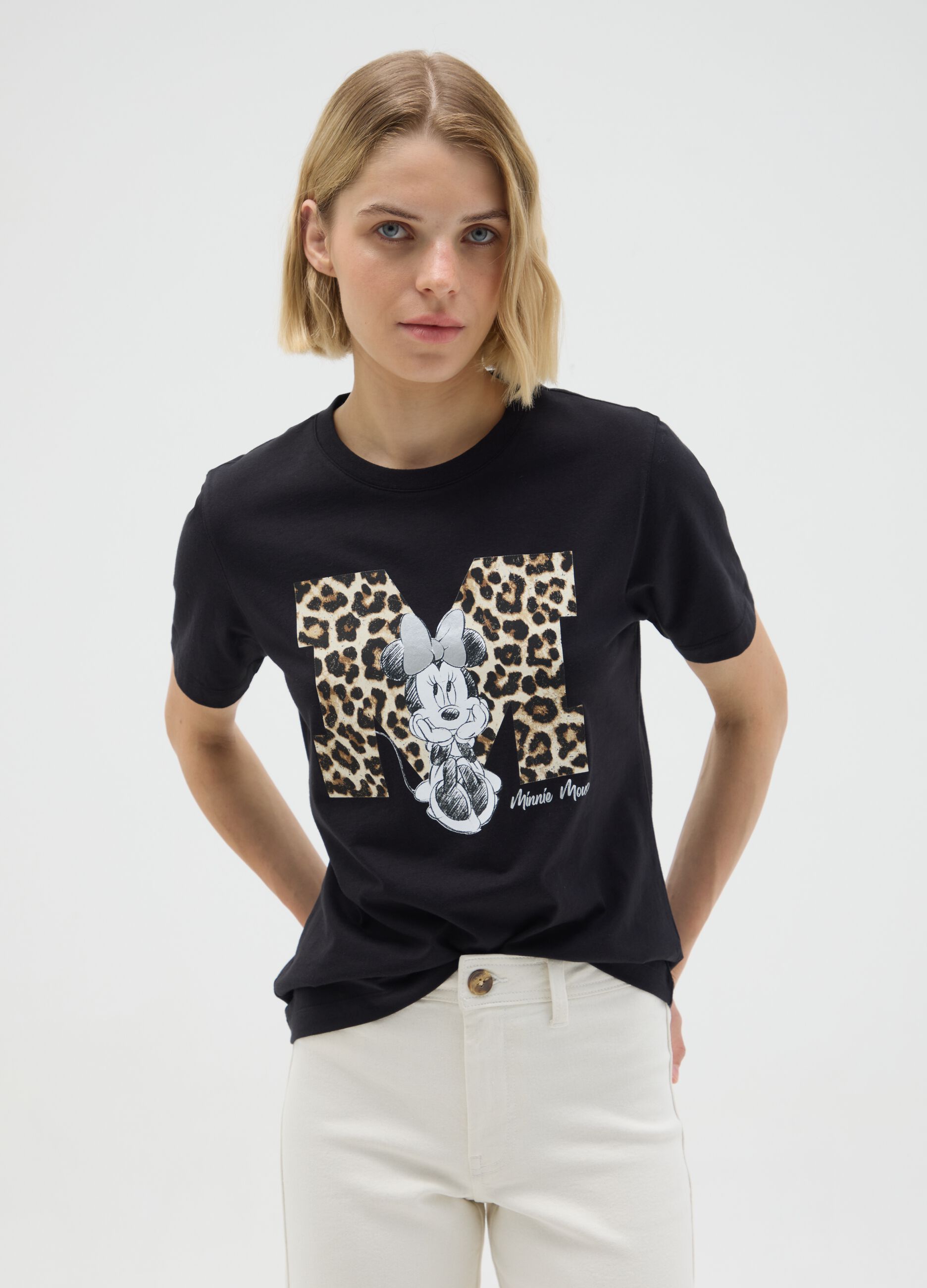 Black pure cotton regular fit t-shirt with Minnie and leopard print