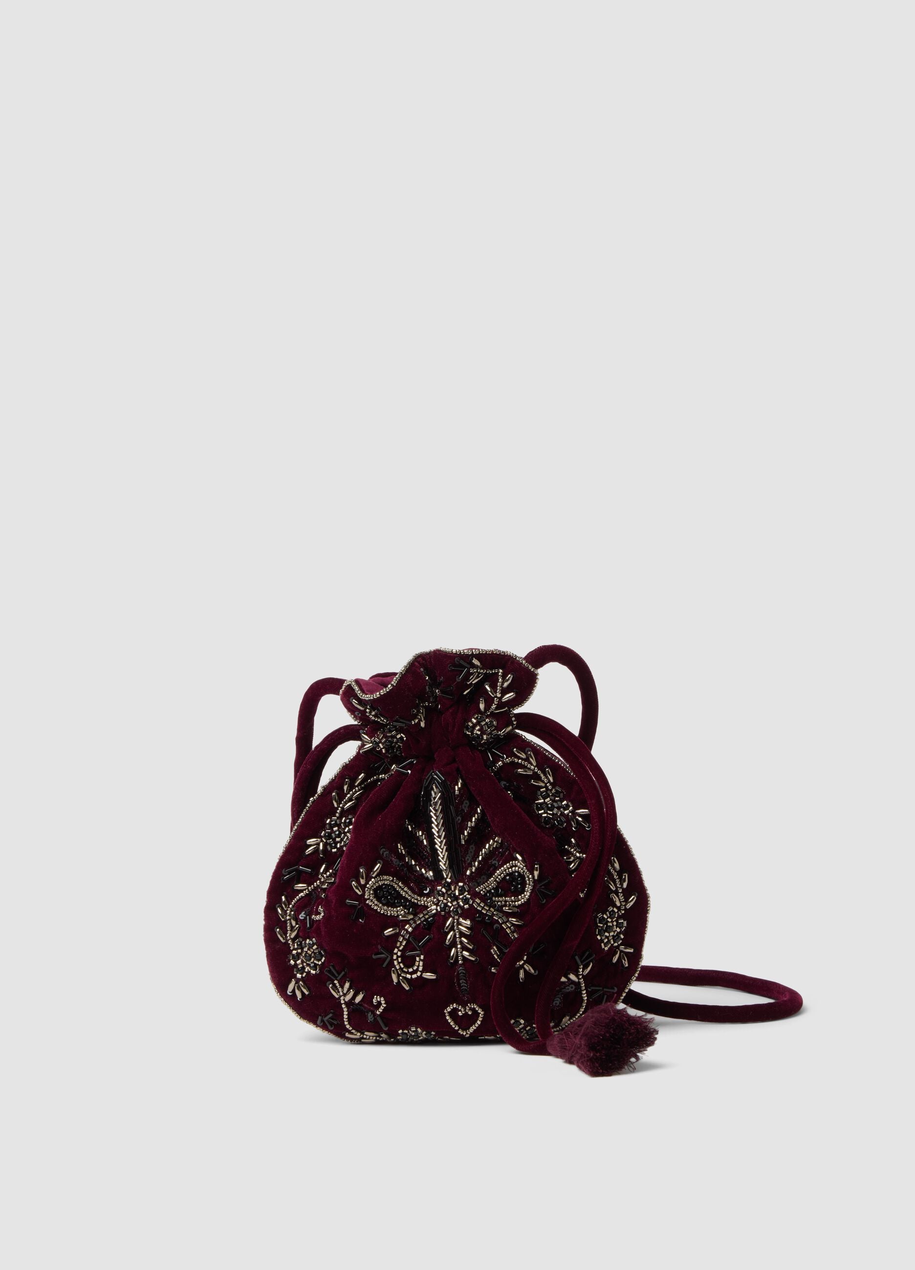 Red bucket bag with beaded embroidery