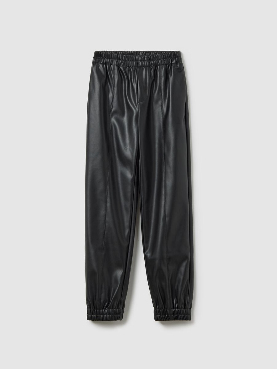 Black faux leather jogger trousers for girls_0